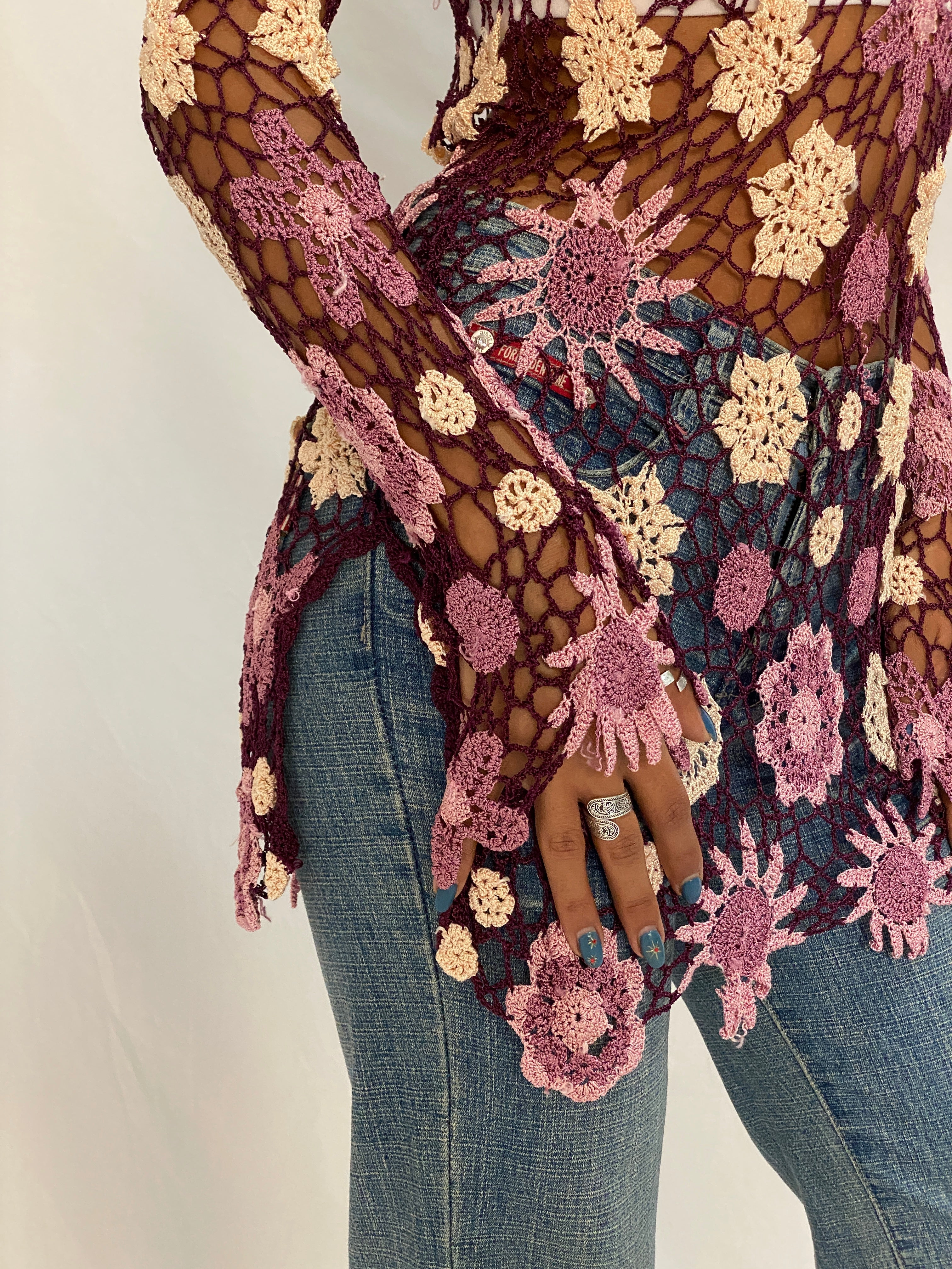 Y2K Floral Crochet Cover-Up Purple & Pink Festival Top – Free Size