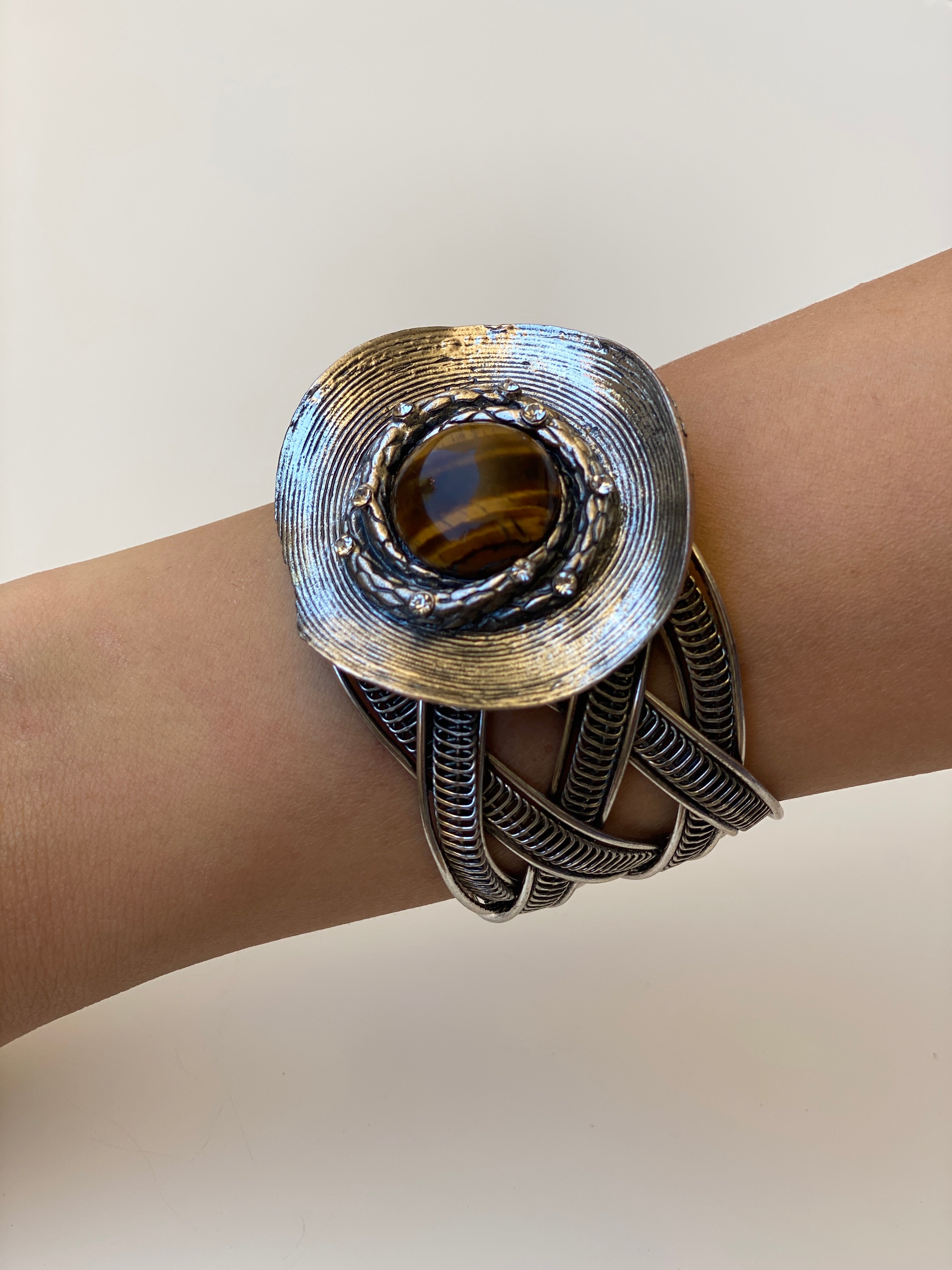 Vintage Tiger Eye Statement Cuff Bracelet Silver Tone Openwork Artisan Bangle