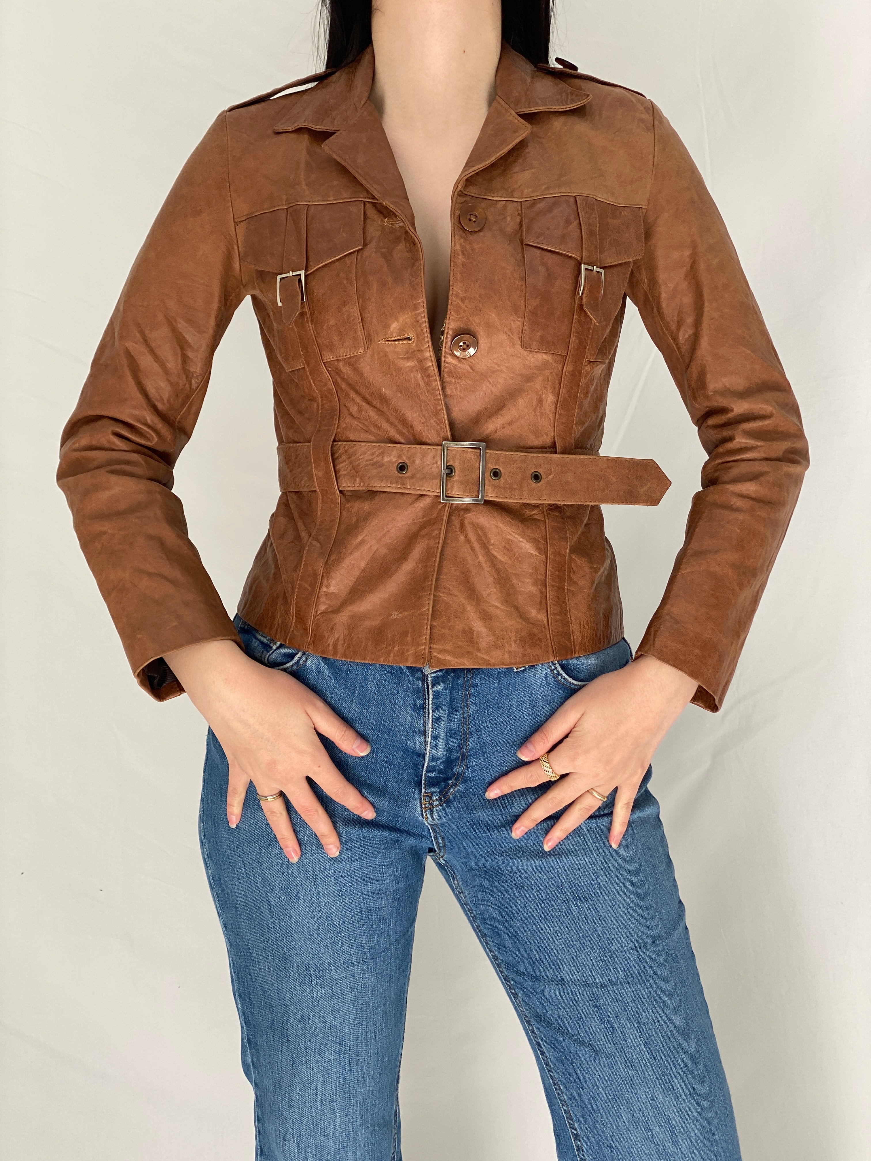 Vintage Y2K Influence Paris Brown Genuine Leather Fitted Belted Jacket - S