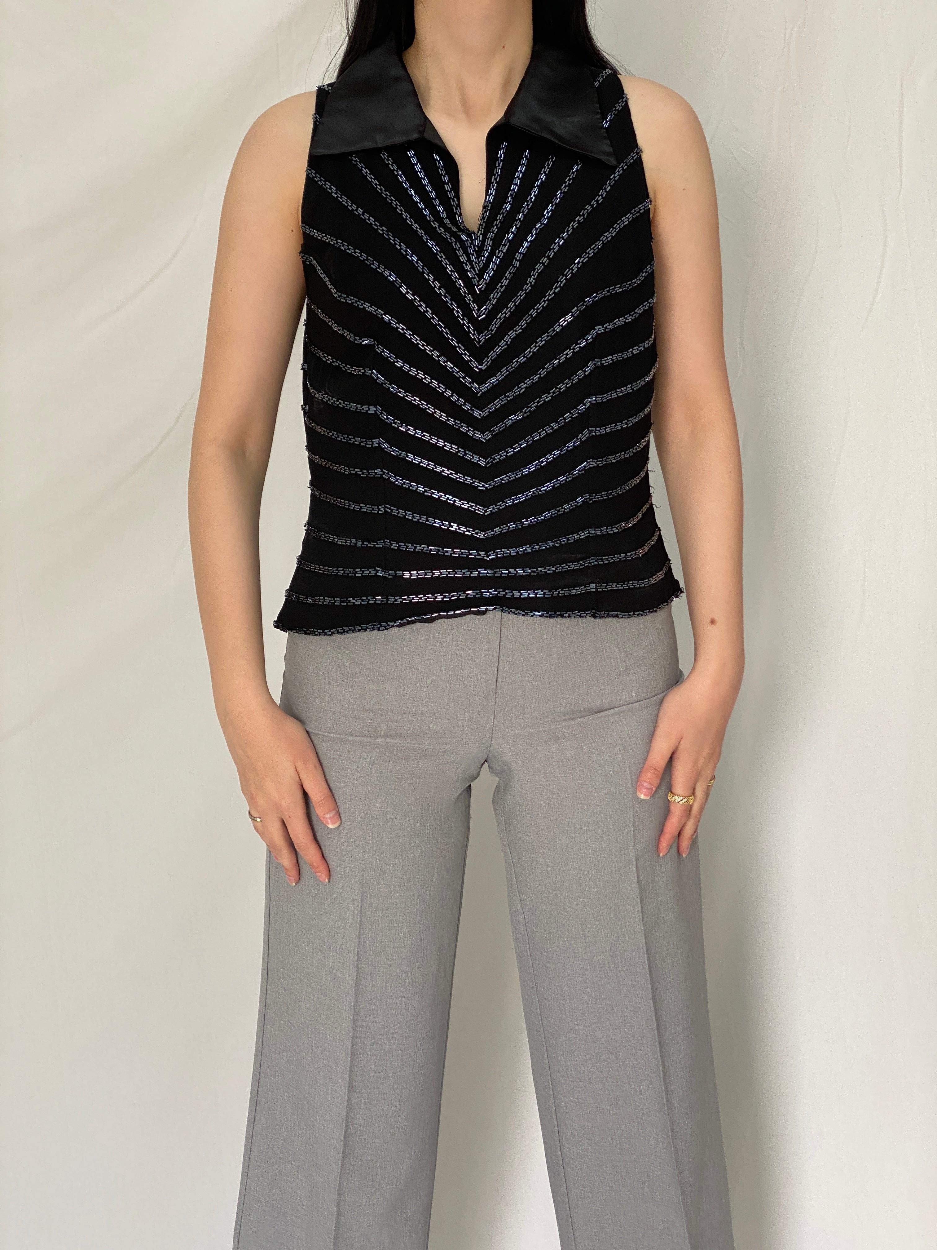 Vintage JK ARA Black Beaded Party Sleeveless Top Embellished Evening Blouse – M