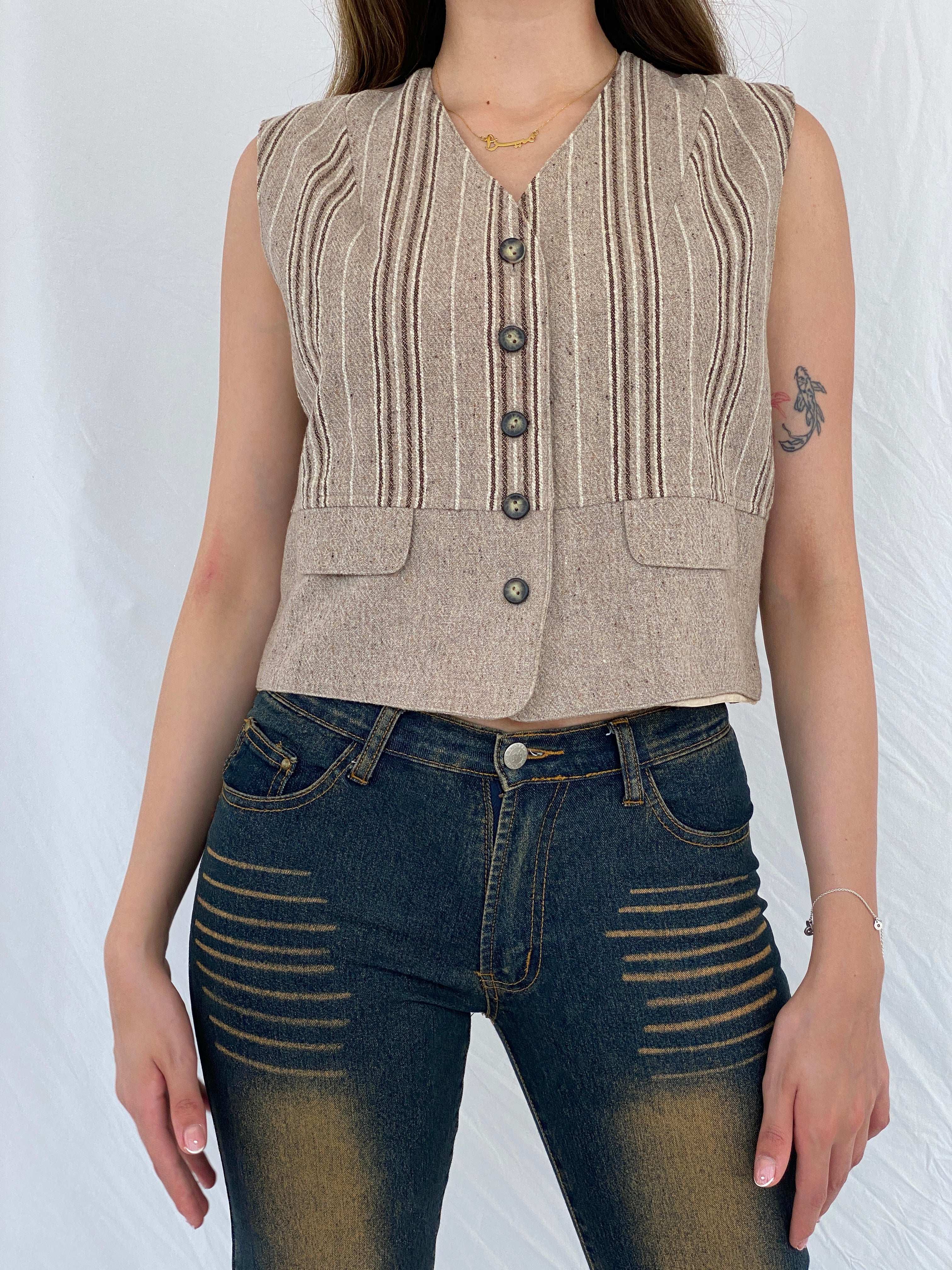 Vintage Magic Simplicity Beige and Brown Striped Waistcoat Vest - M/L - Balagan Vintage Vest 00s, 90s, cropped vest, Mira, NEW IN, shimmer, vest, wool vest