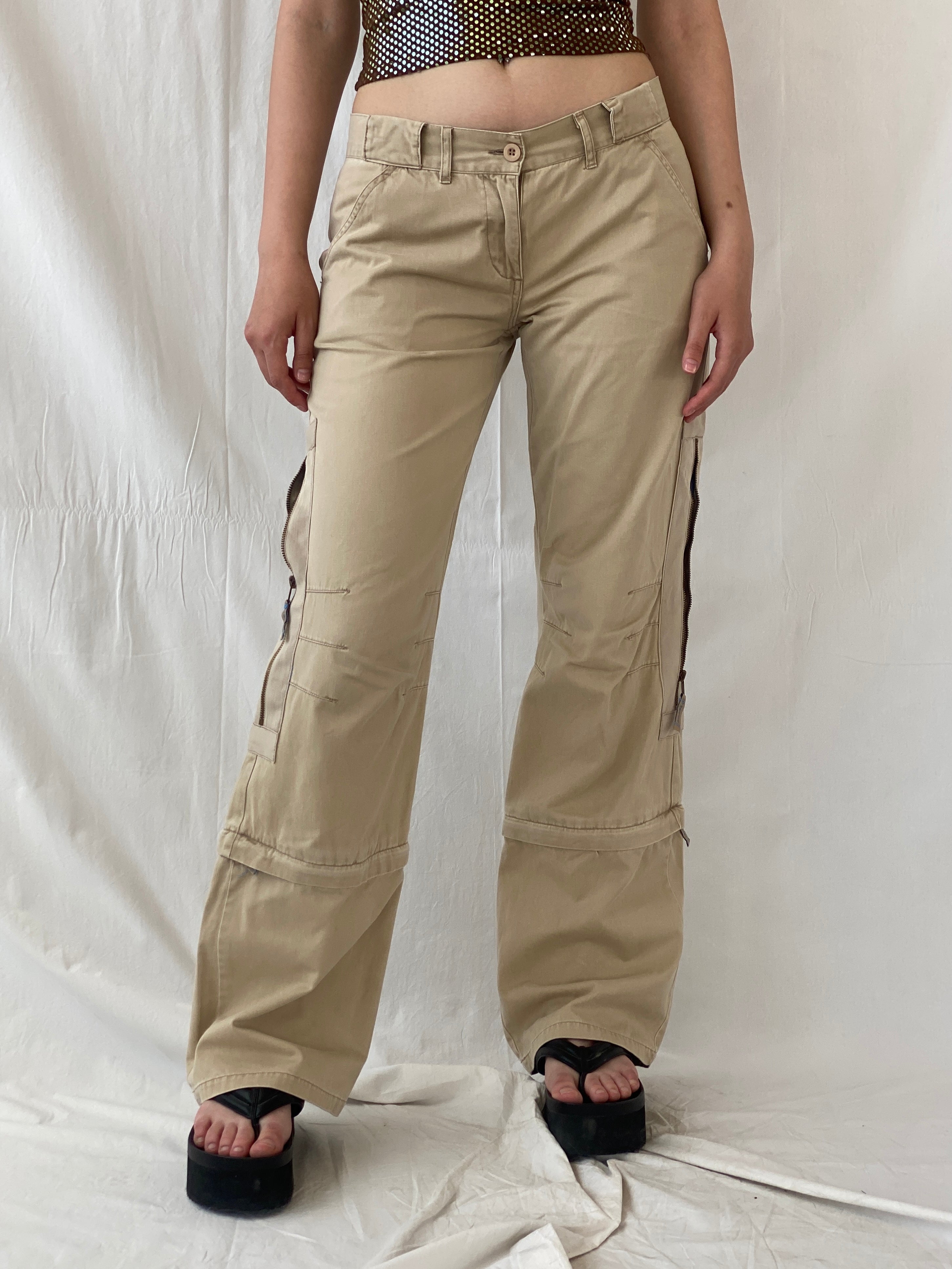 Y2K IDPDT Beige Low Rise Wide Leg Adjustable Length Cargo Pants - M