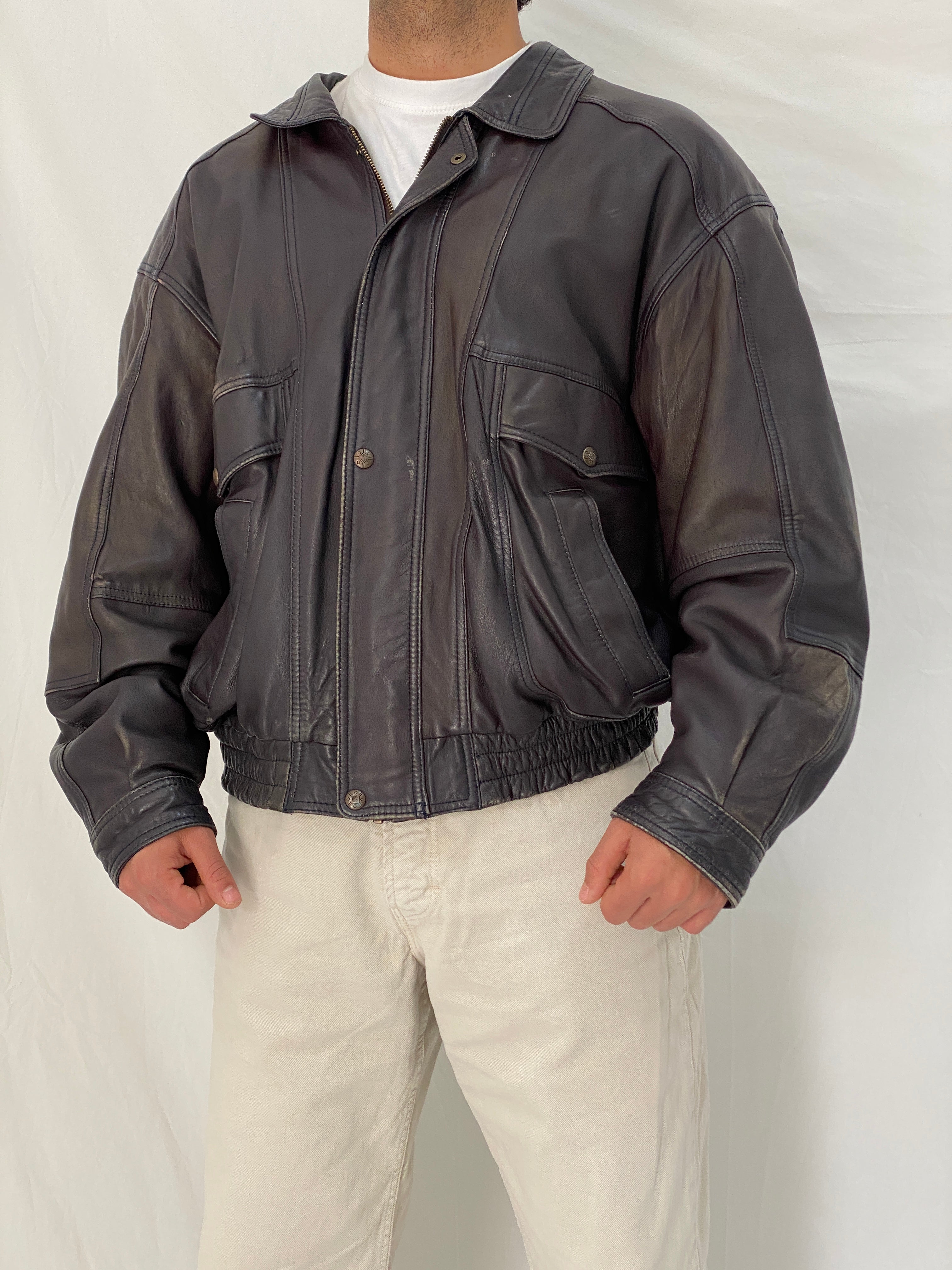 Vintage Oversized Genuine Leather Bomber Jacket in Dark Plum Brown – L