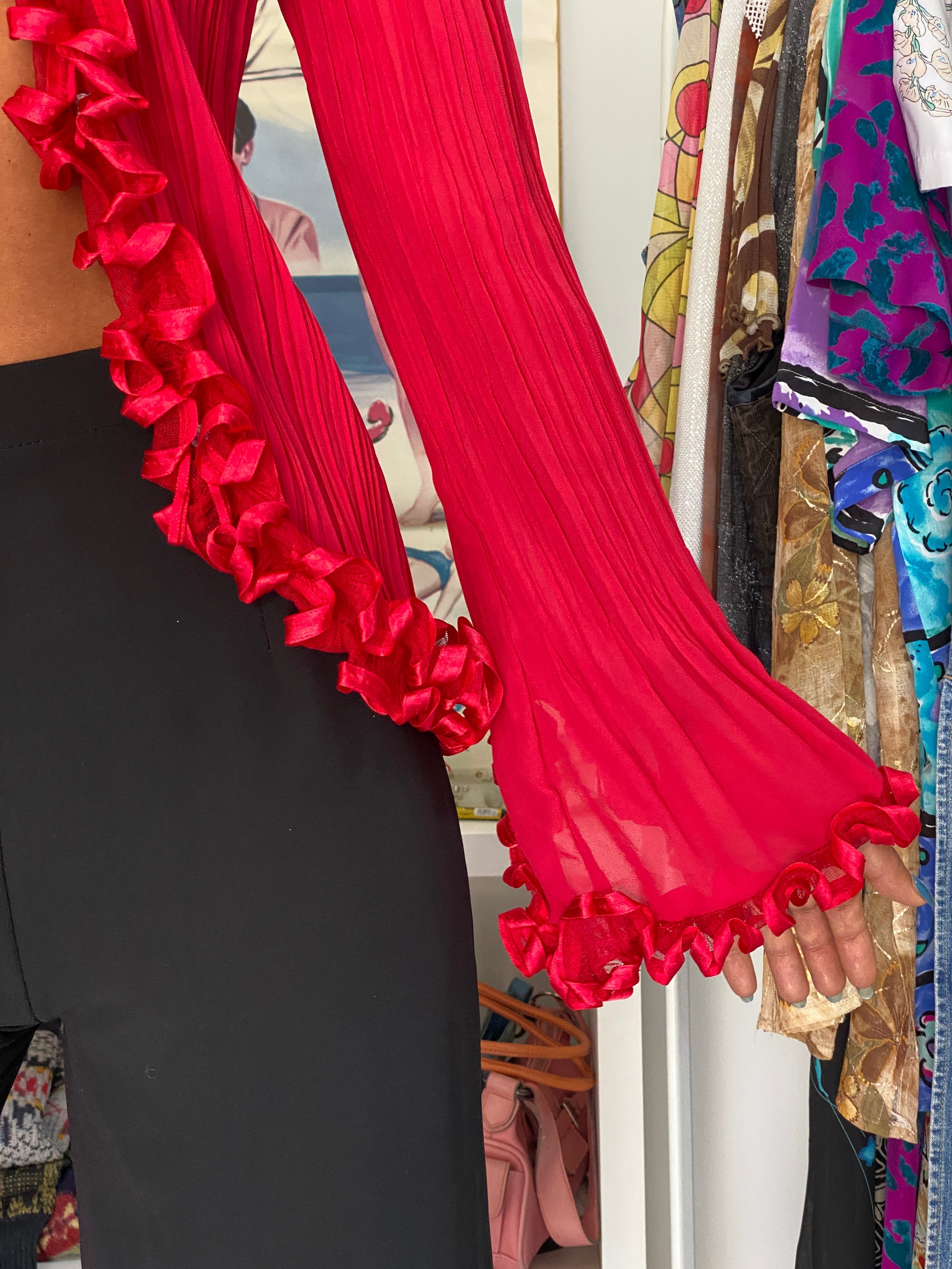Vintage Y2K Red Pleated Ruffle Sheer Chiffon Statement Cardigan Top - M