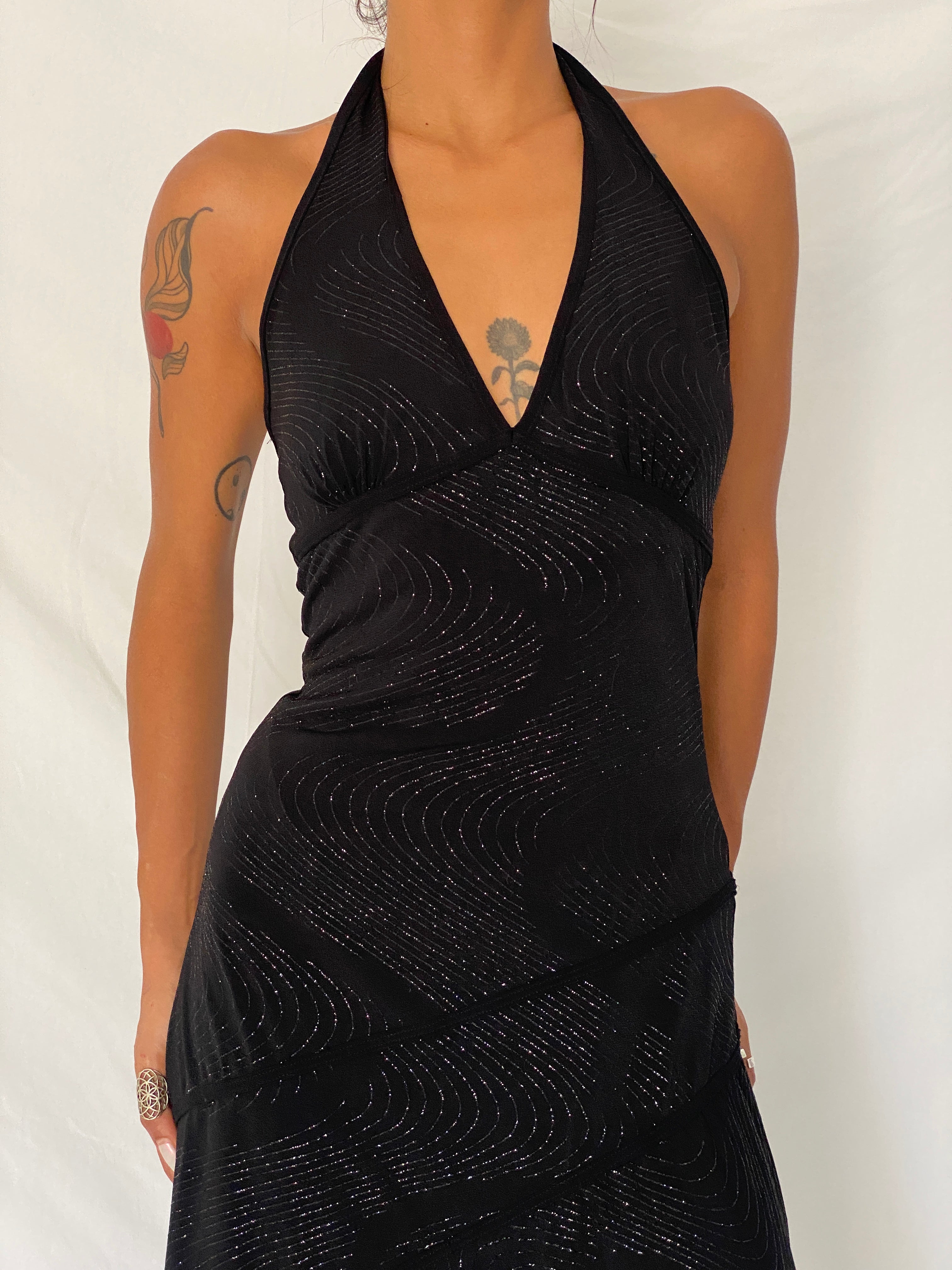 Vintage Y2K Lipstick Black Glitter Swirl Halter Asymmetric Midi Dress- S
