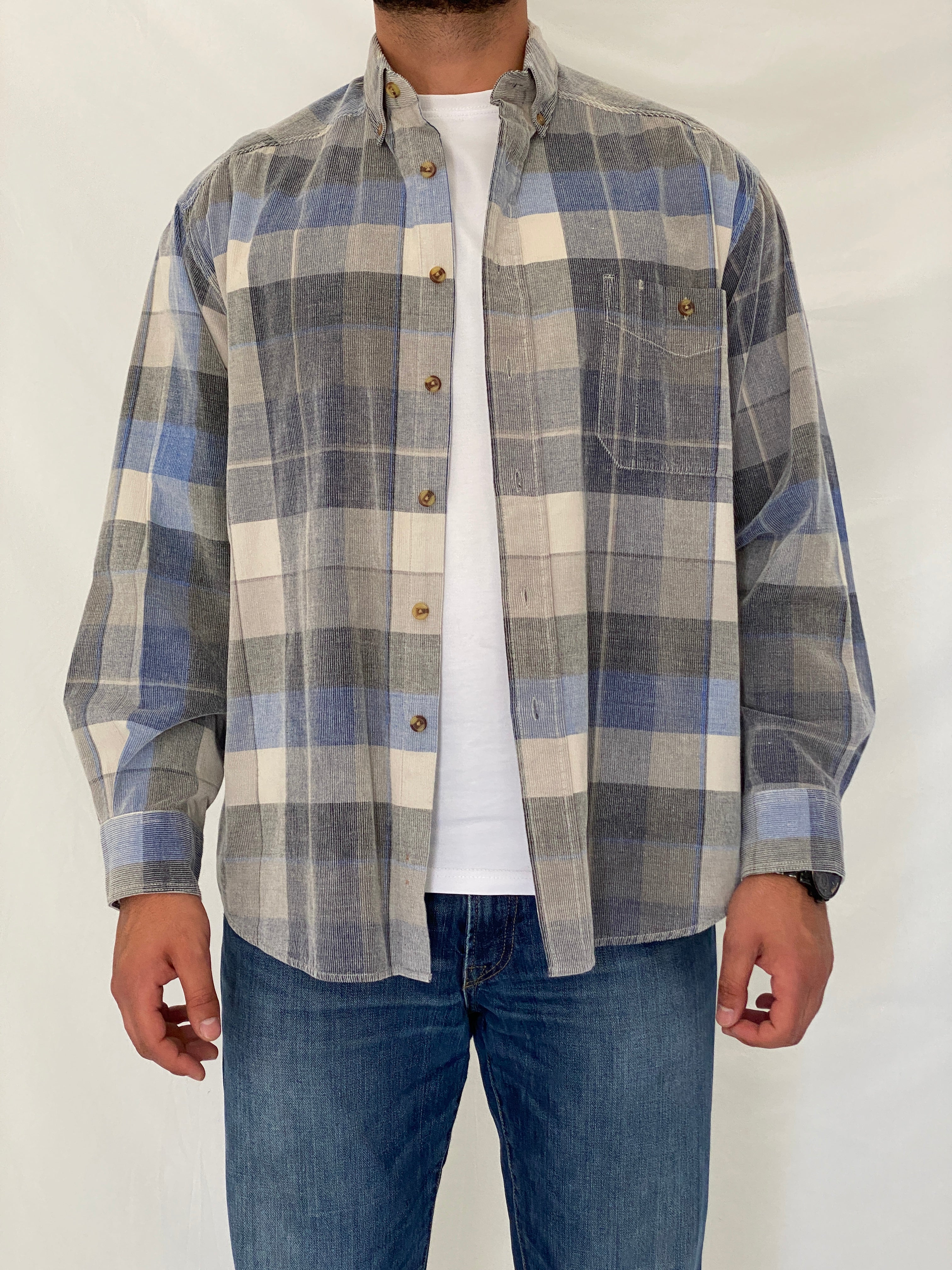 Vintage Basic Options Blue & Gray Plaid Corduroy Cotton Men’s Shirt - L