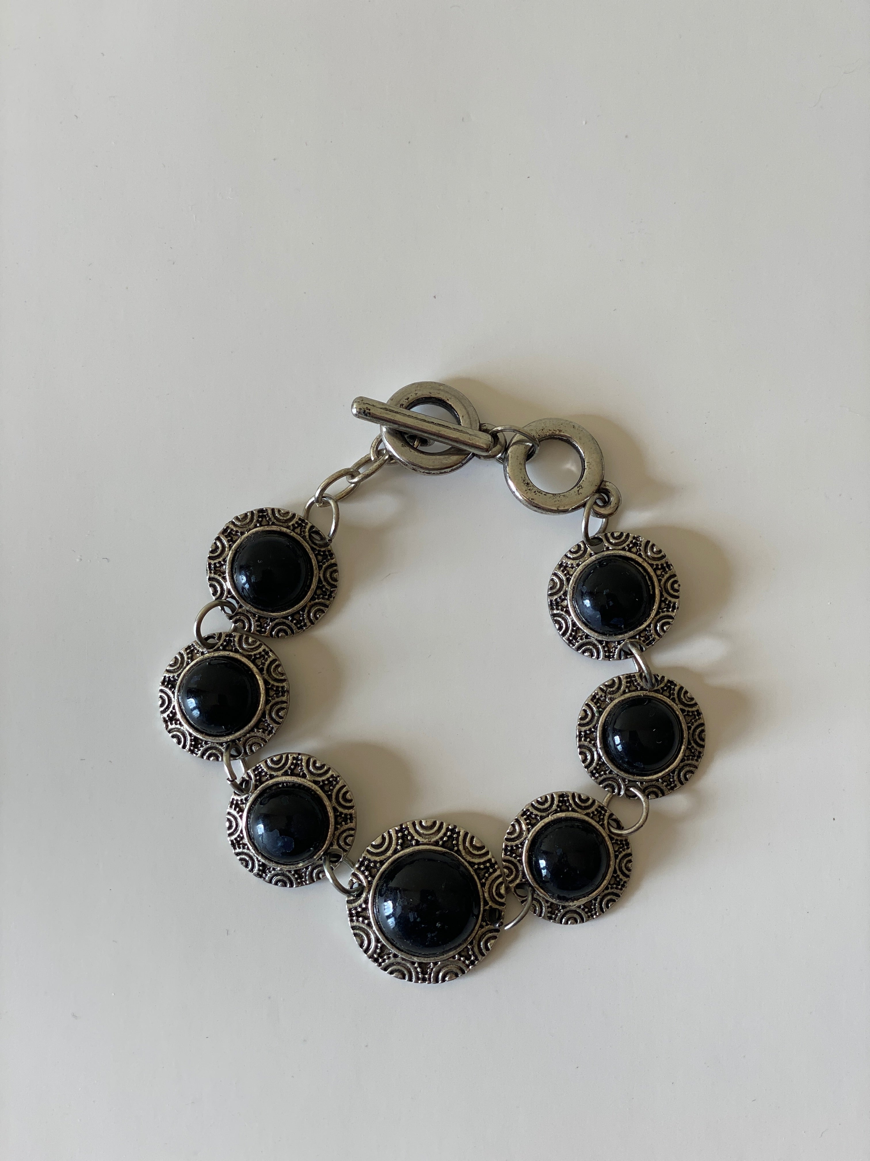 Vintage Silver Tone Black Cabochon Link Bracelet, Boho Statement Bracelet, Chunky Vintage Jewelry