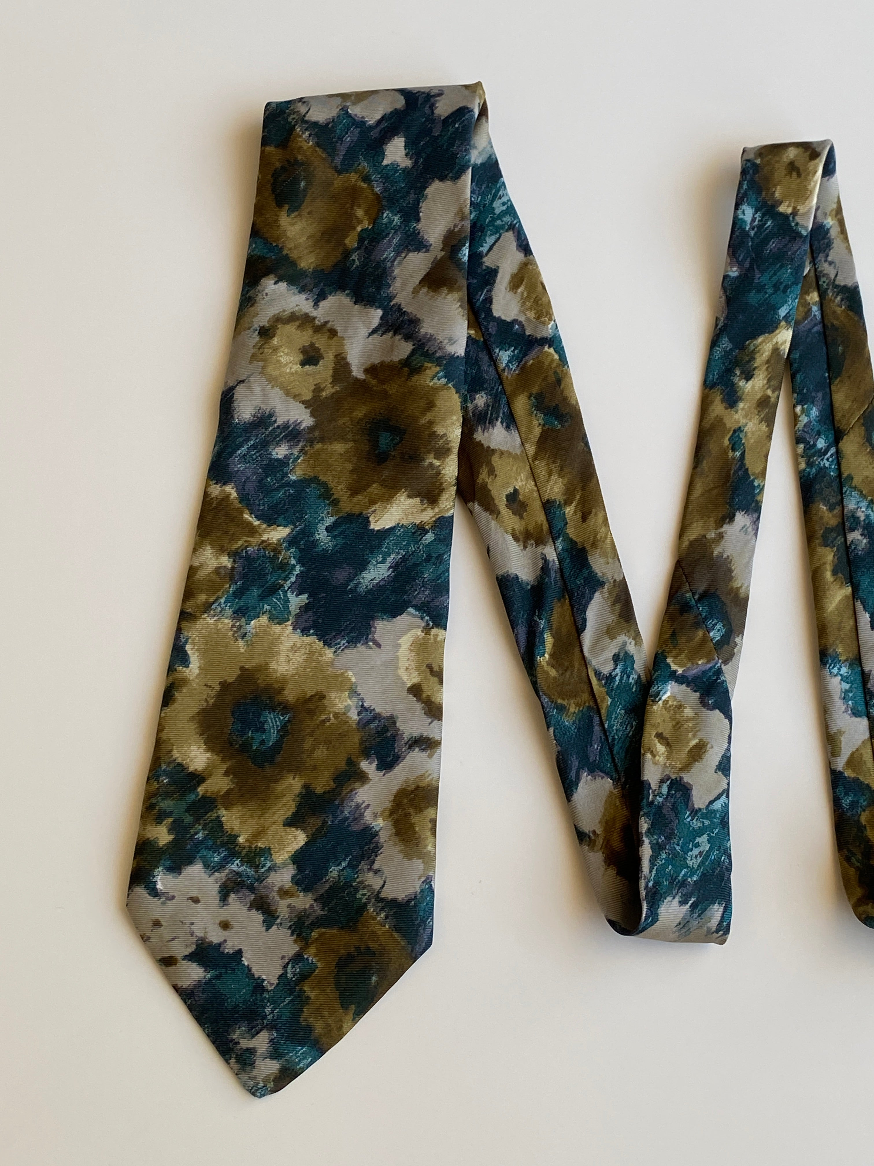 Vintage 1990s Peter von Holland Teal Olive 100% Silk Abstract Floral Necktie
