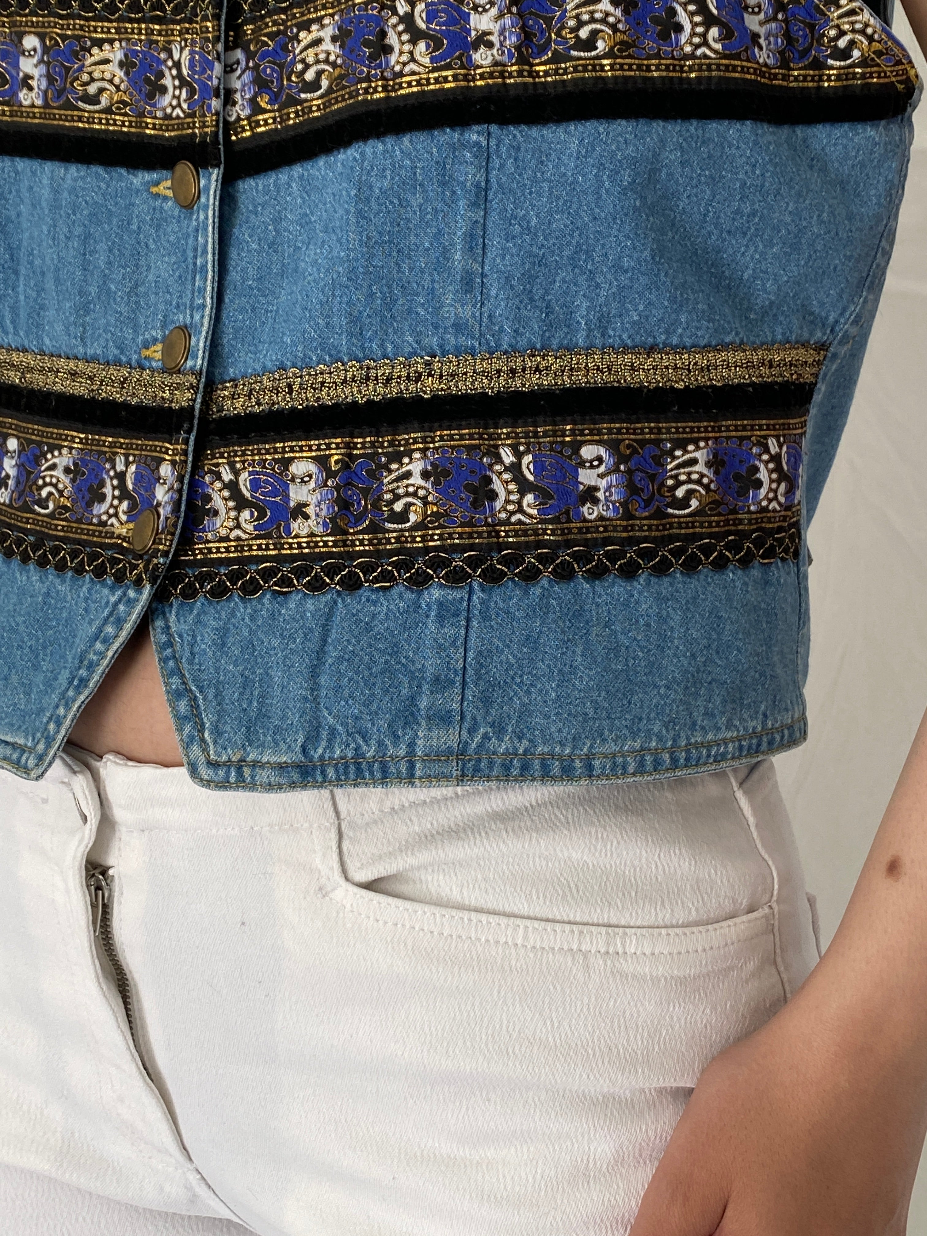 Vintage Y2K Liz Wear Denim Vest Boho Tapestry Trim Button Front Cropped Jean Waistcoat – M