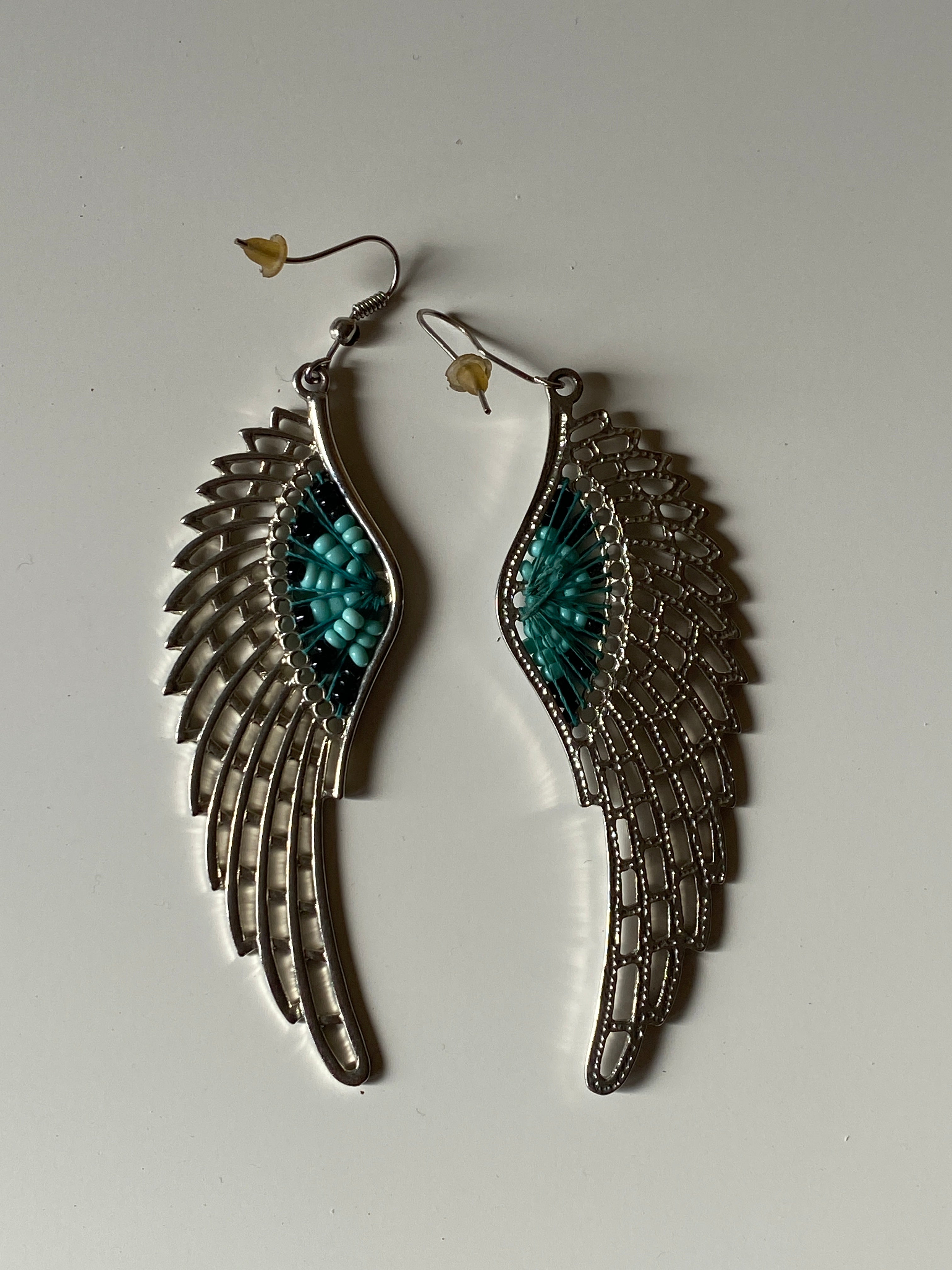 Vintage Silver Tone Angel Wing Turquoise Bead Inlay Boho Dangle Earrings