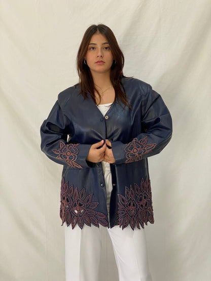 Vintage KOSHAR Genuine Leather Duster Coat Navy Beaded Cut-Out Floral Jacket - XL