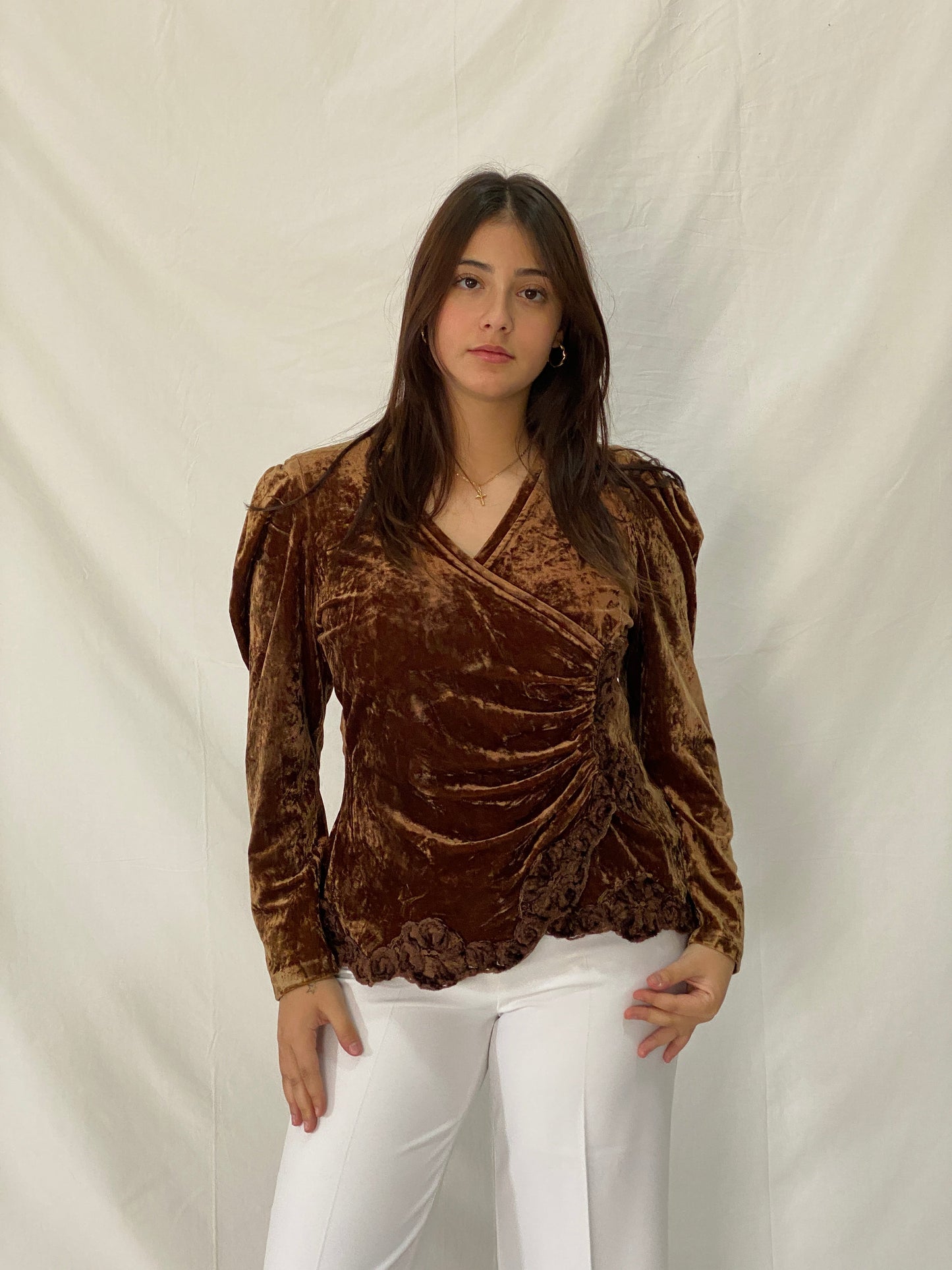 Vintage GEORGEDÉ Paris Brown Crushed Velvet Top Puff Sleeve Wrap Ruched Blouse - M