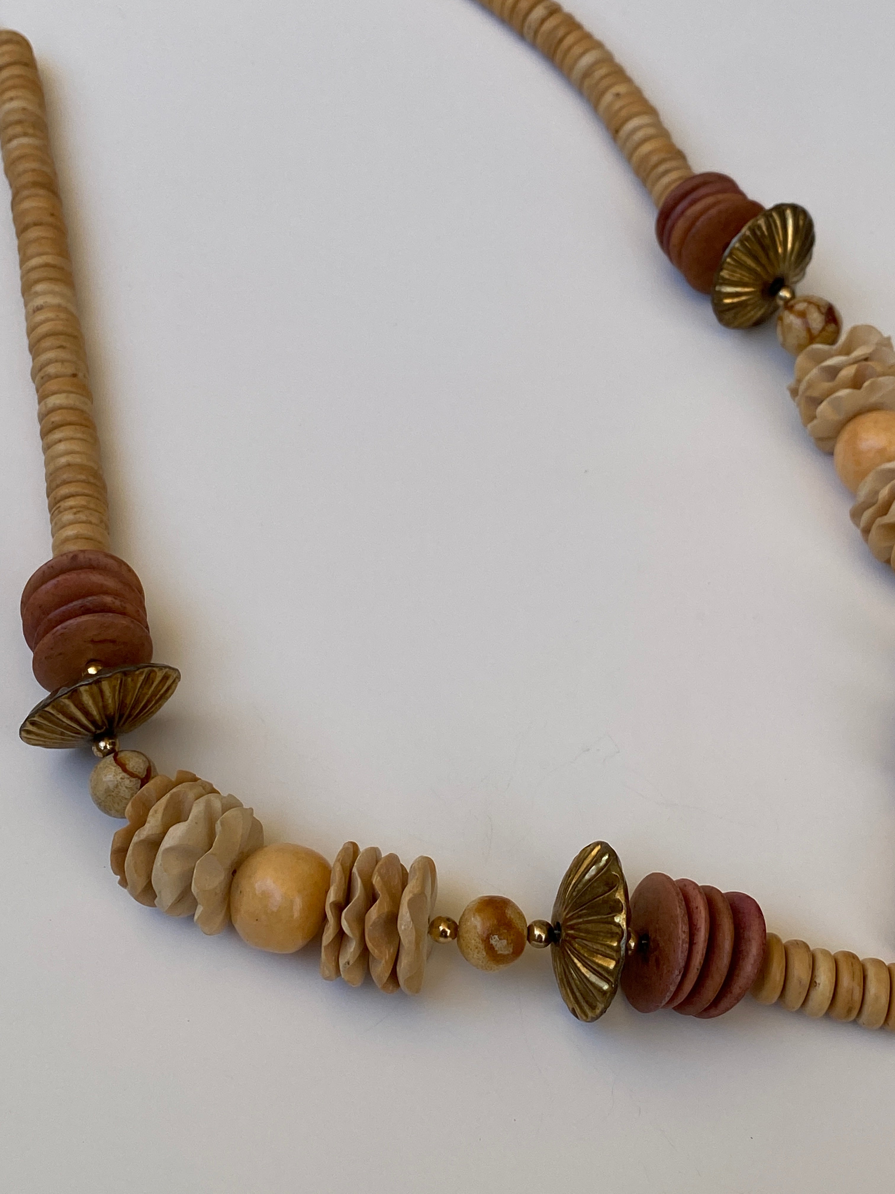 Vintage Earth Tone Beaded Statement Necklace Boho Wooden & Stone Inspired Collar Necklace