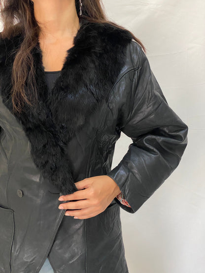 Vintage Patricia Italian Leather Coat Black Fur Collar 80s Oversized Blazer Jacket - M