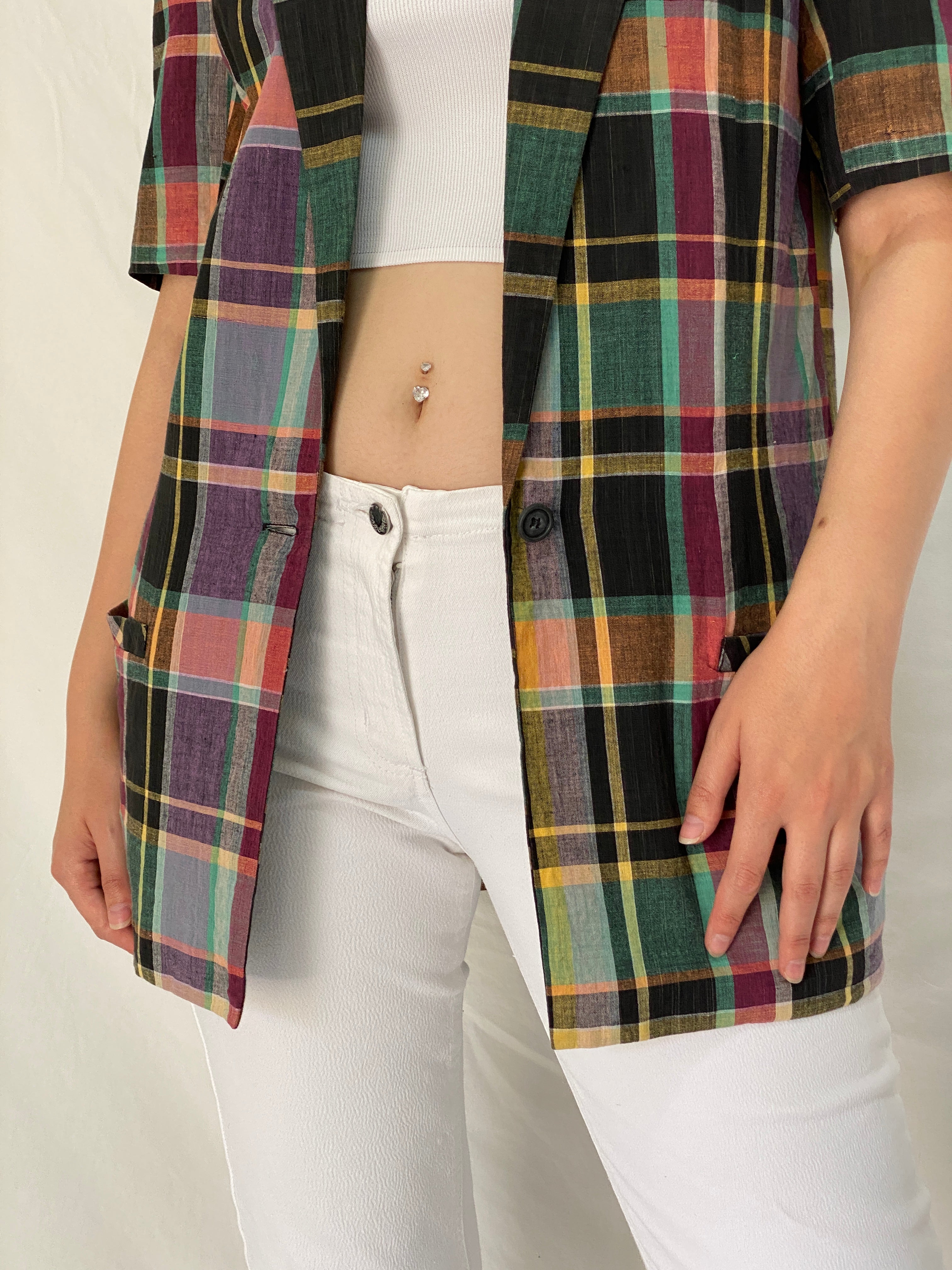 Vintage 90s Liz Claiborne Multicolor Plaid Cotton Short Sleeve Blazer - S