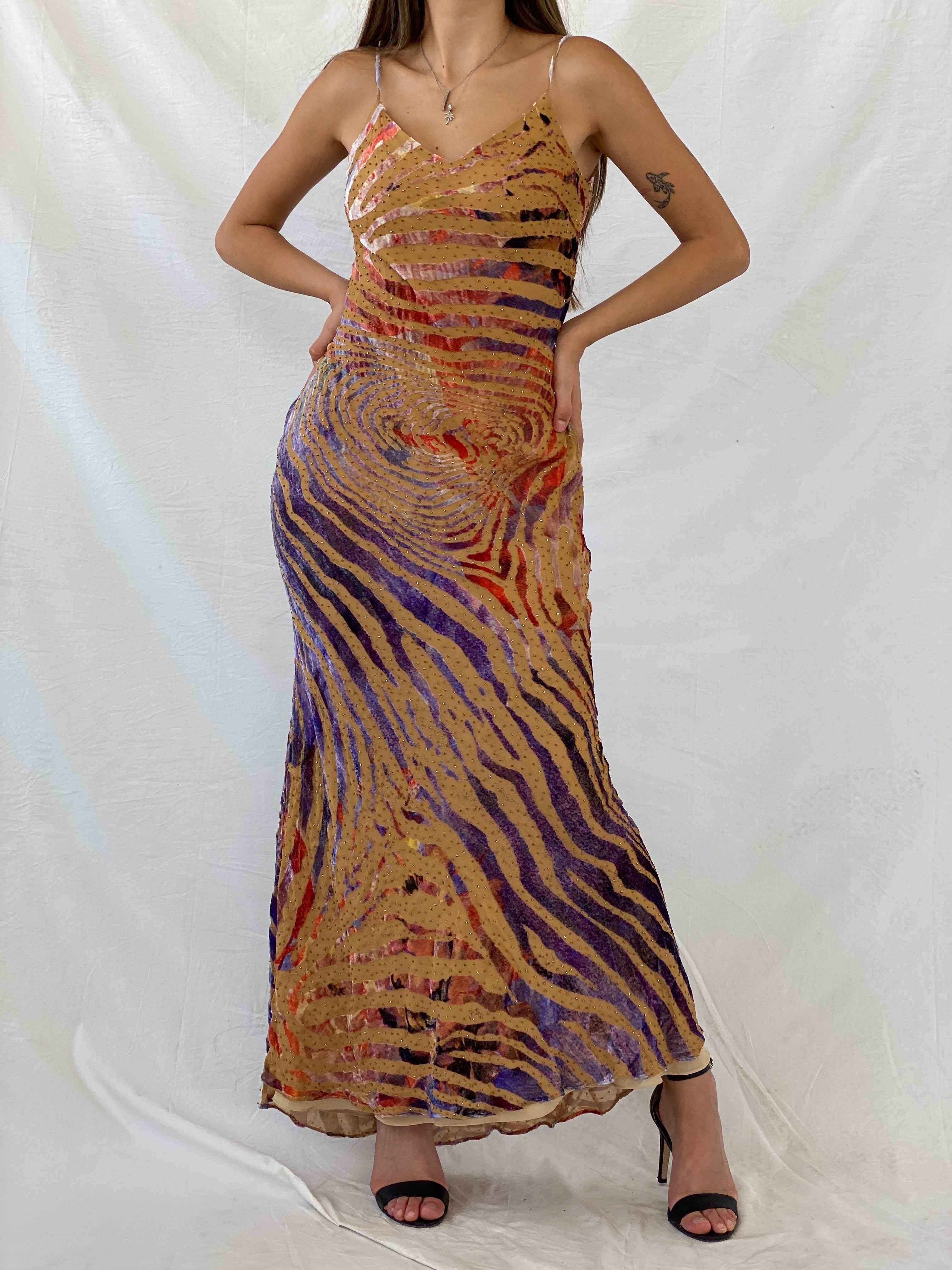 Vintage 90s IF Elegant Style Beaded Velvet Zebra Pattern Gown - Balagan Vintage Maxi Dress 00s, 00s dress, animal print, consignment, Isabella, maxi dress, Mira