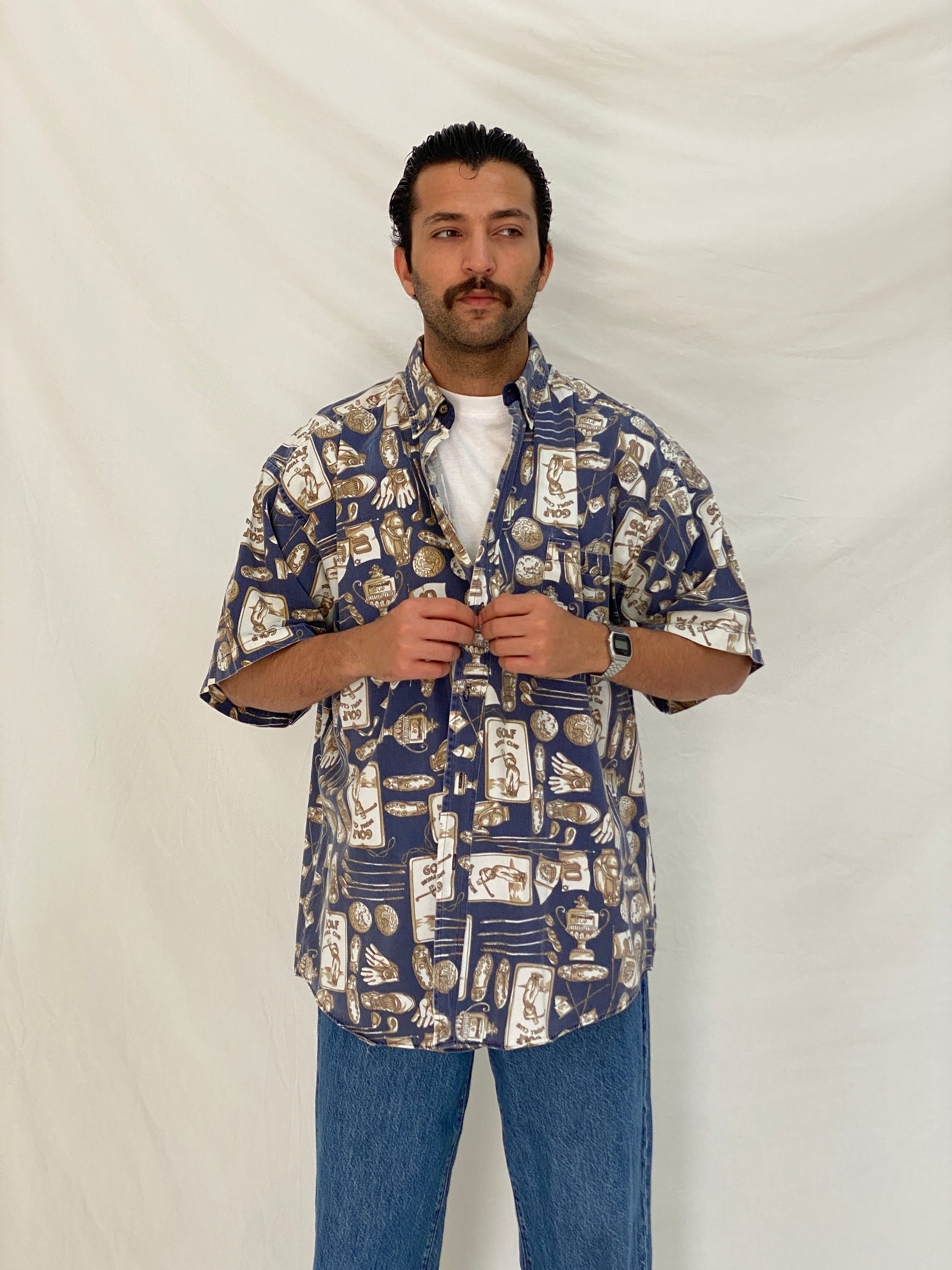 Vintage J.Riggings Golf Print Cotton Shirt Blue Beige Novelty Button Up – XL