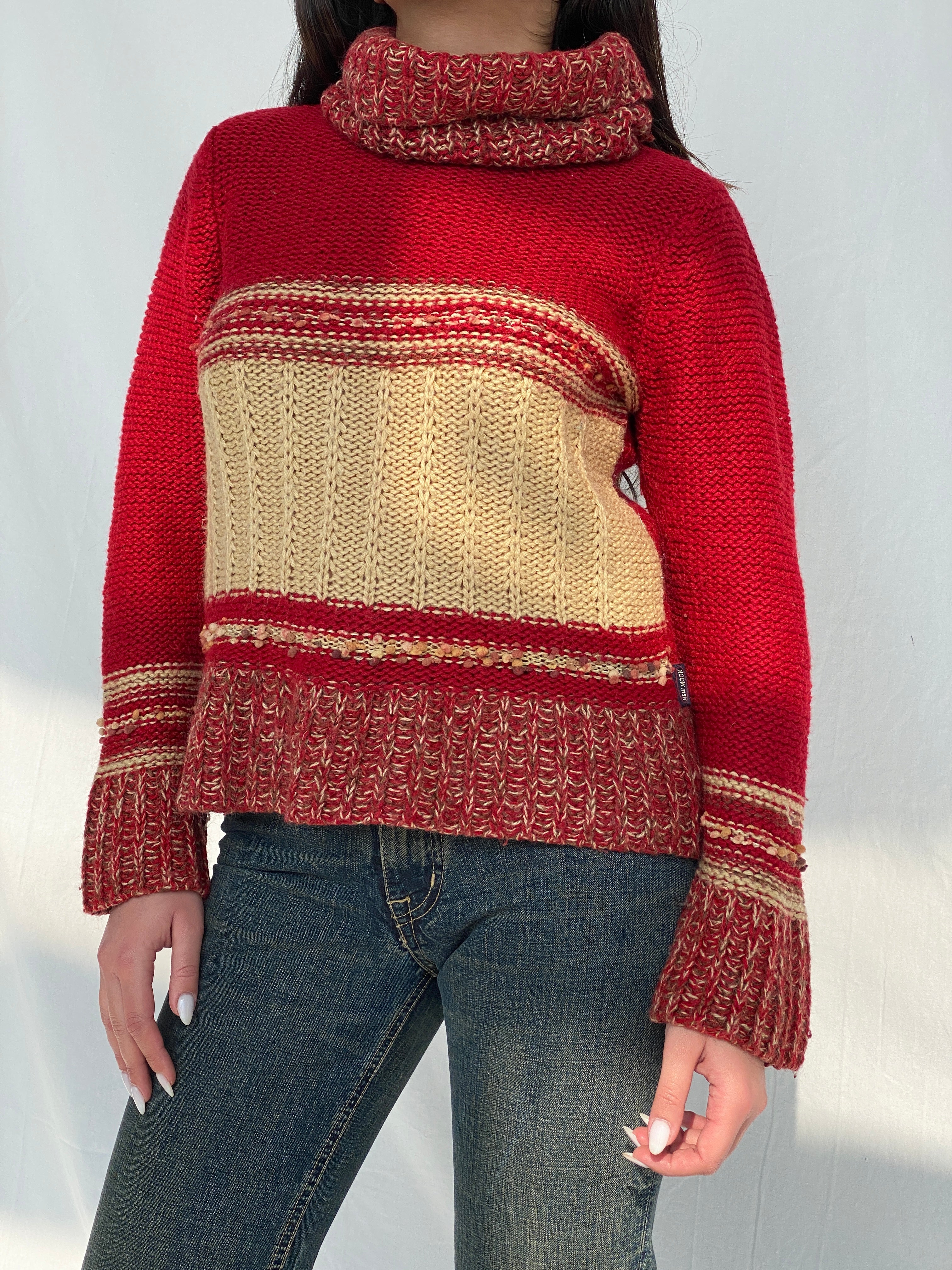 Vintage NEW MOON Wool & Mohair Blend Crew Neck Red & Beige Knitted Sweater - M