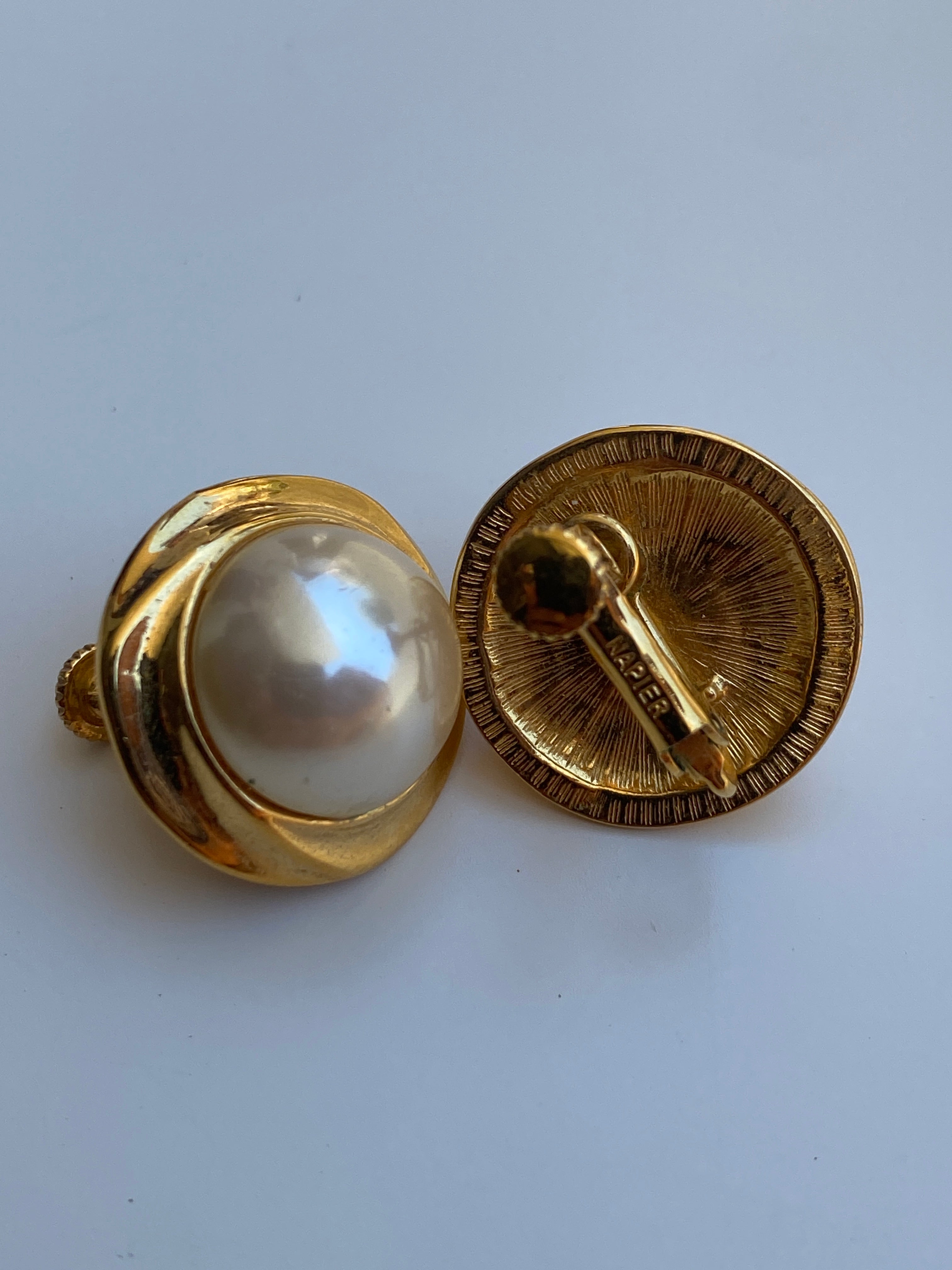 Vintage 1980s Napier Gold-Tone Faux Pearl Classic Clip-On Earrings