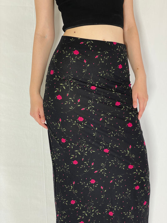Vintage Y2K HENNES Collection Black Floral Maxi Skirt 90s/2000s Minimalist Everyday Skirt - M