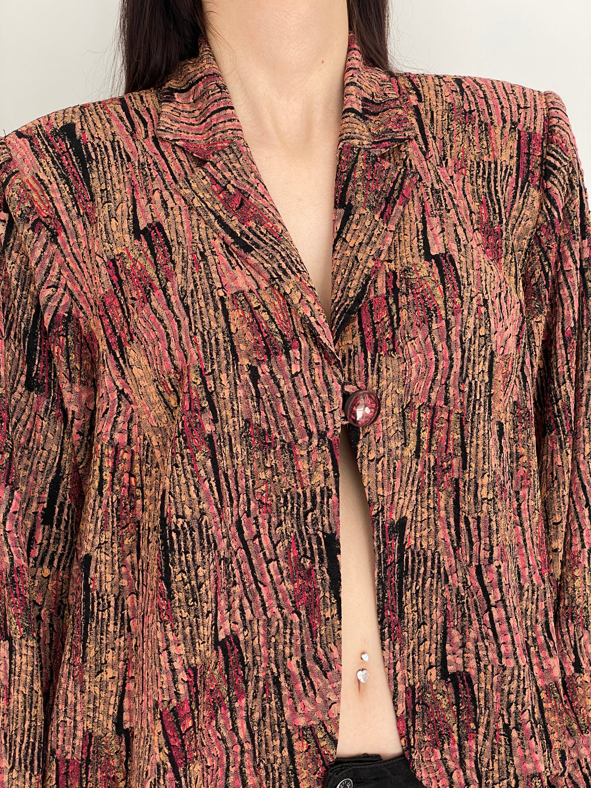 Vintage Pink & Brown Textured Abstract Print Cropped Blazer - L