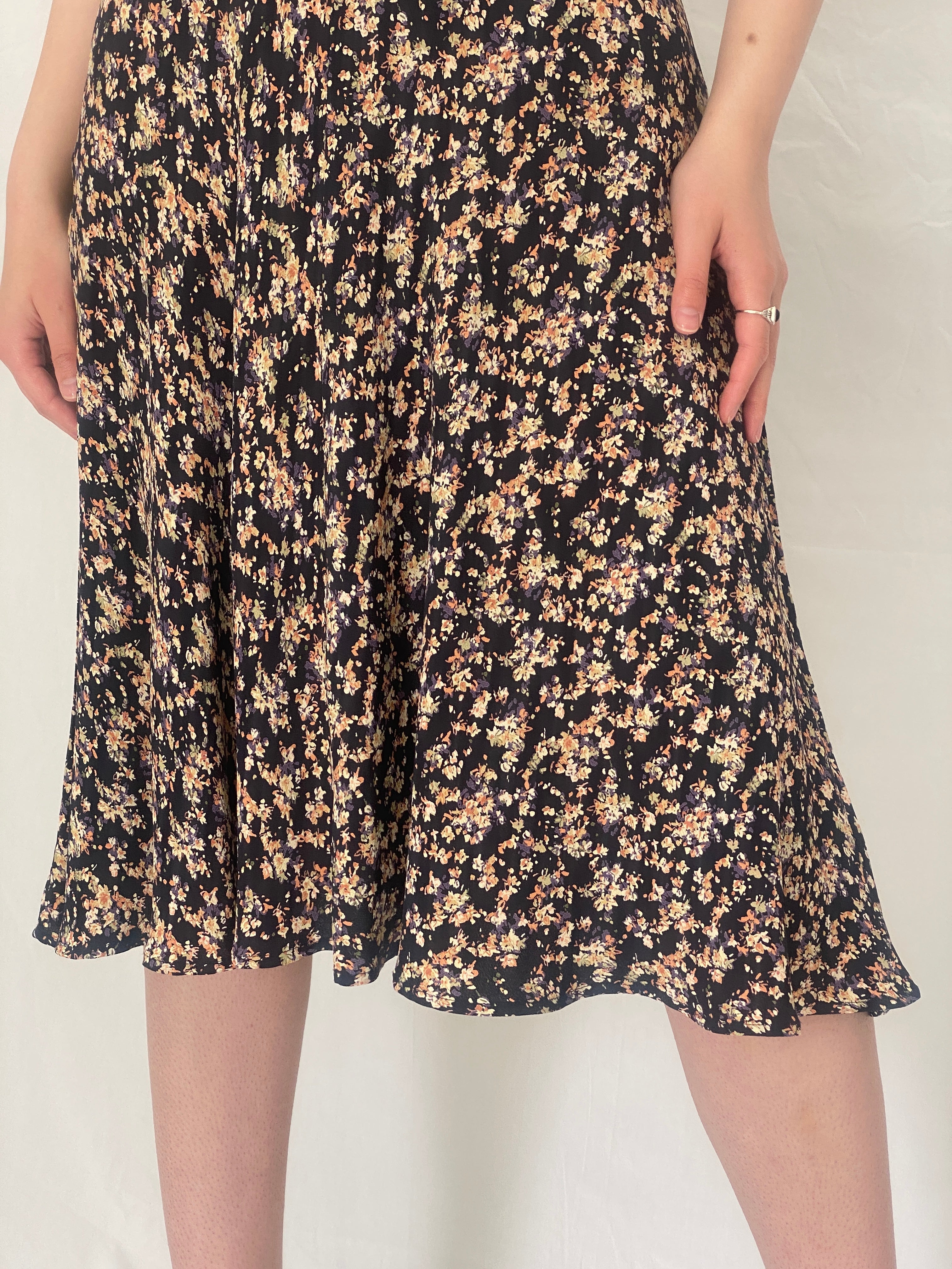 Vintage 90s Petite Sophisticate Black Floral Midi Dress with Tie Back - S