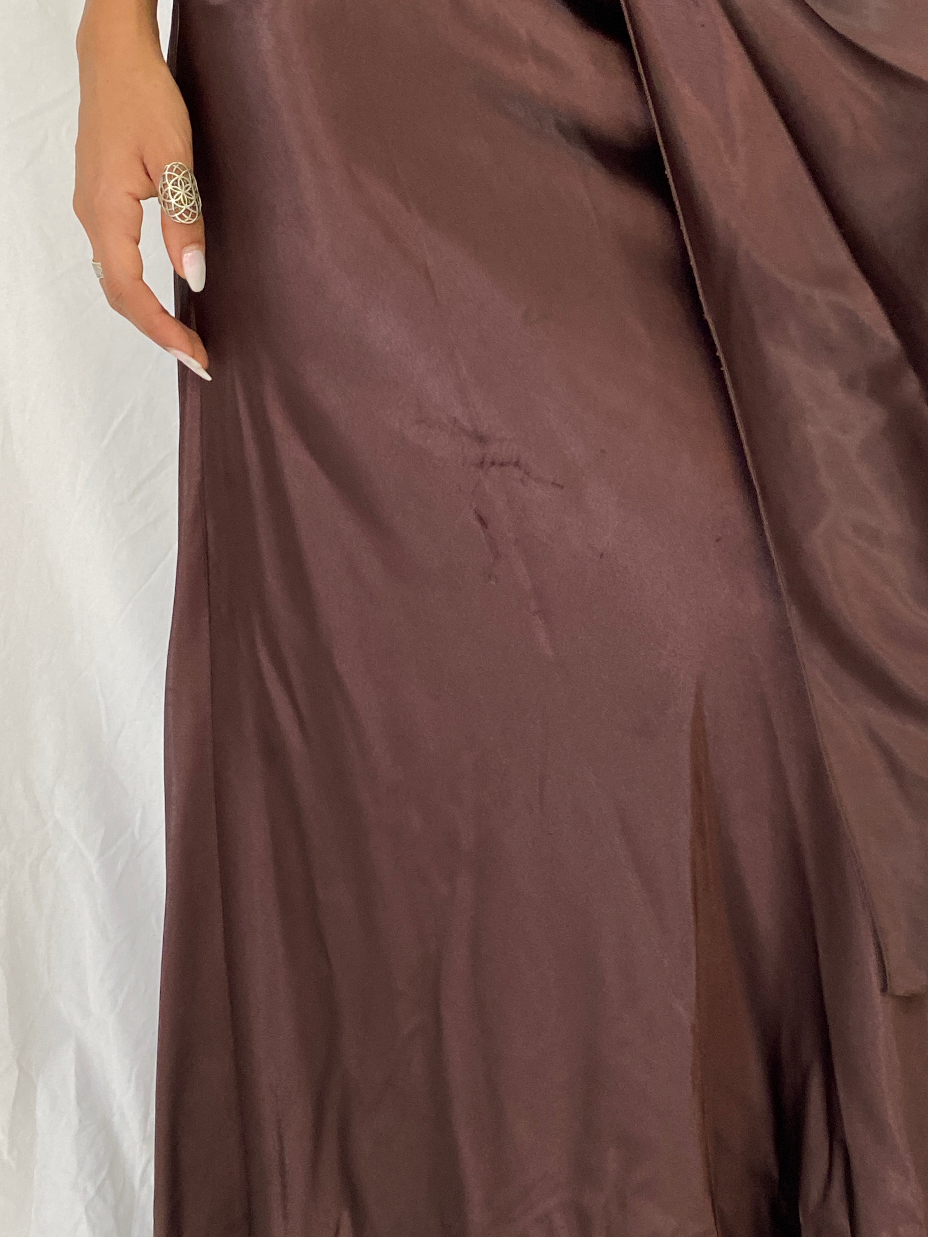 Vintage Y2K Alyce Designs Brown Satin Beaded Lace Cutout Formal Maxi Dress - XS