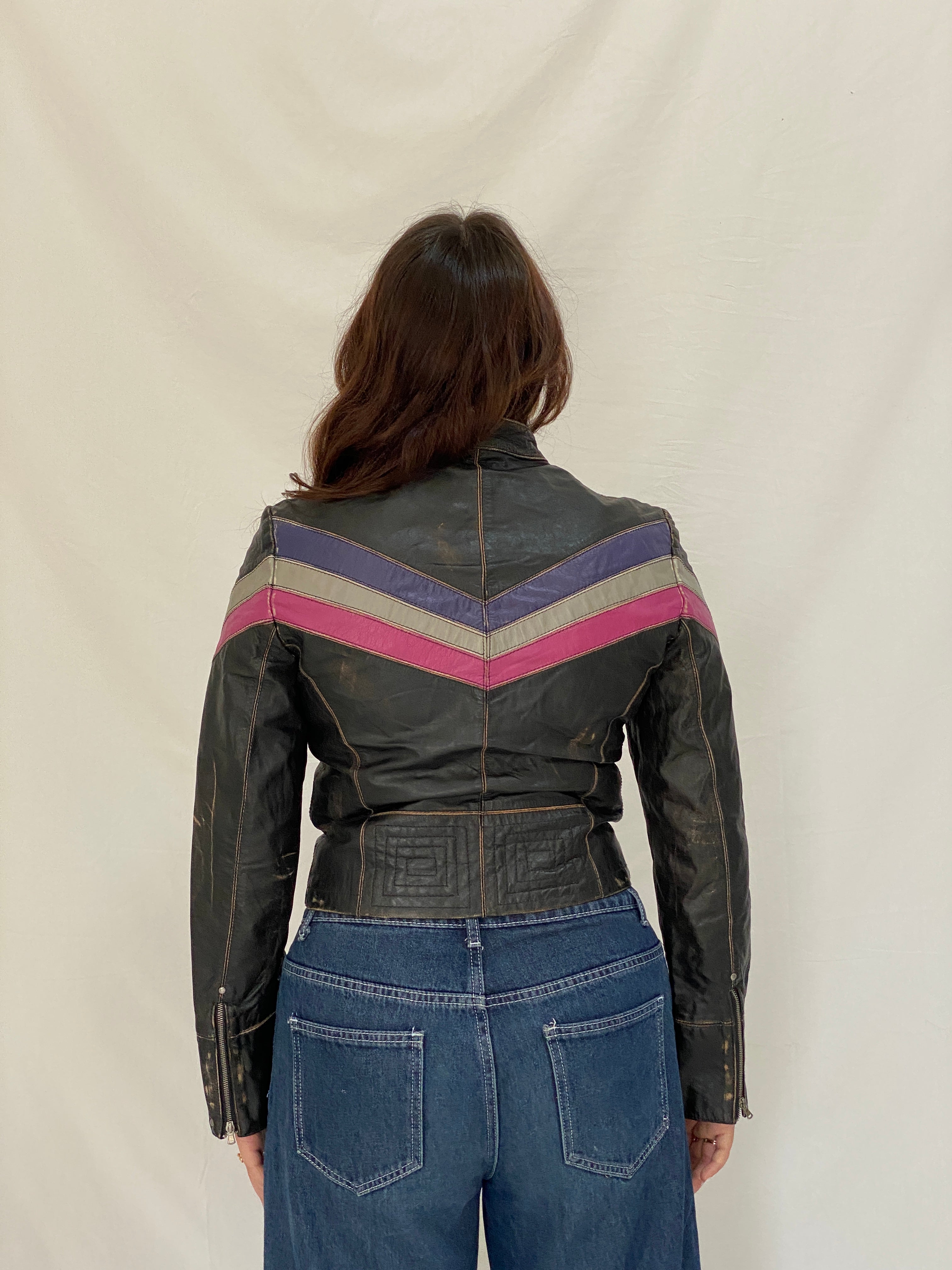 Vintage Miss Sixty Distressed Genuine Leather Moto Jacket Y2K Chevron Colorblock Biker - M