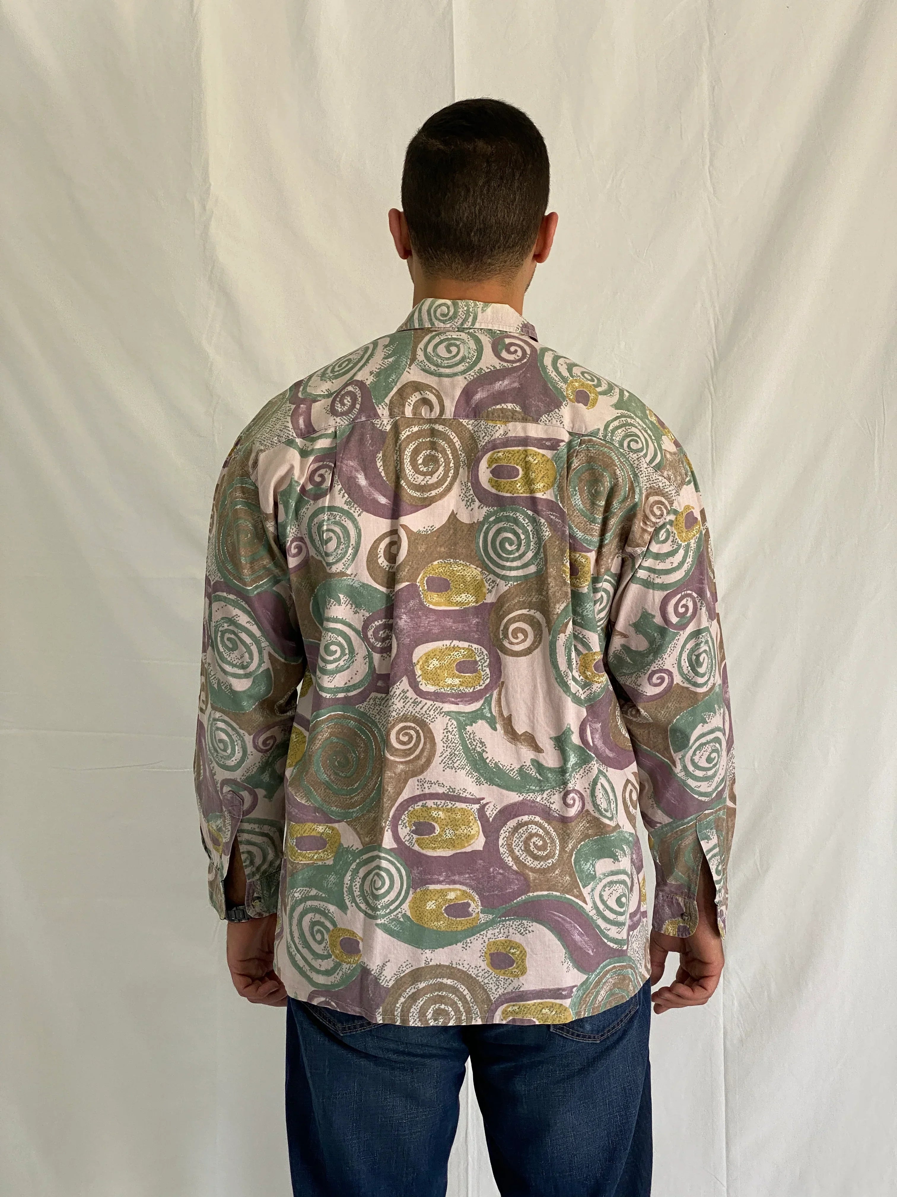 Vintage John F. Gee 90s Abstract Swirl Men’s Long Sleeve Shirt – XL