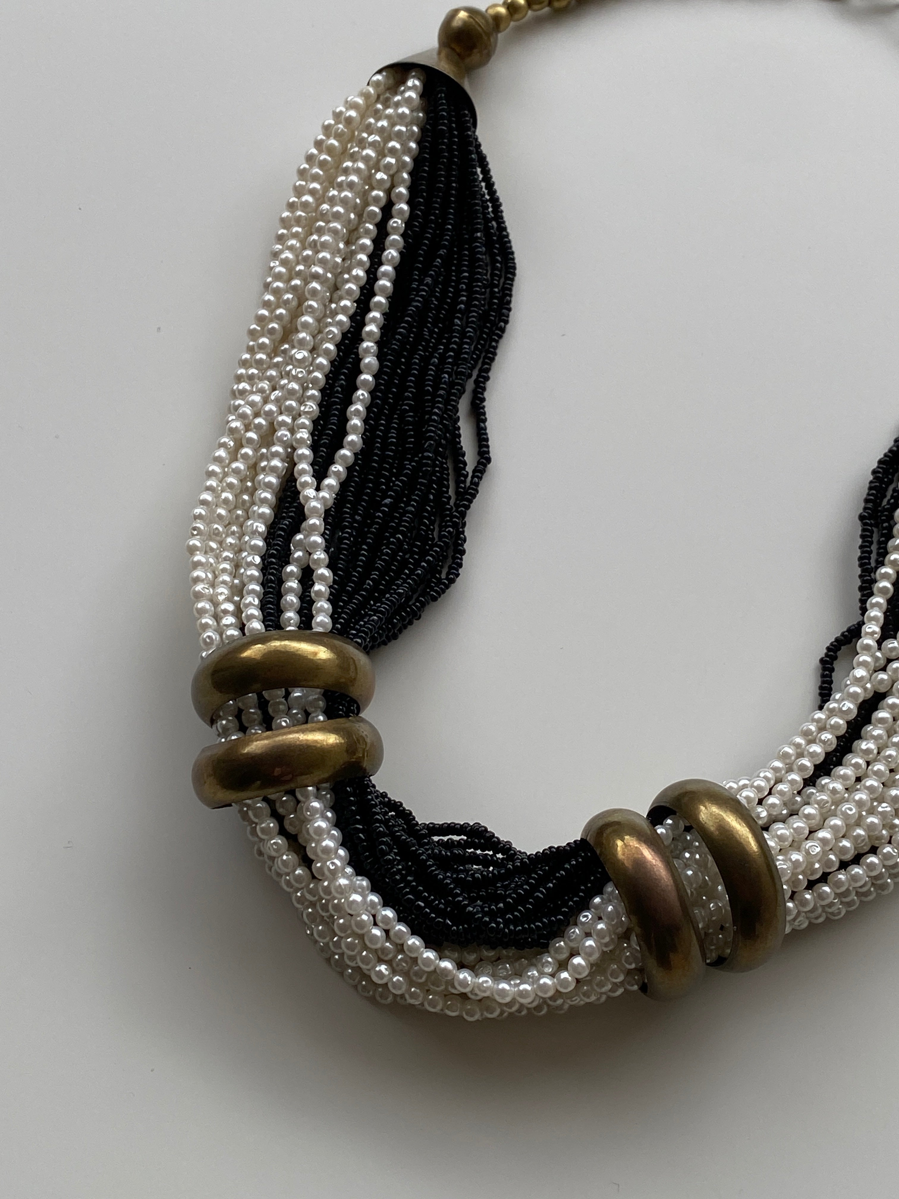 Vintage 90s Black & White Multi-Strand Faux Pearl Torsade Necklace with Brass Hardware
