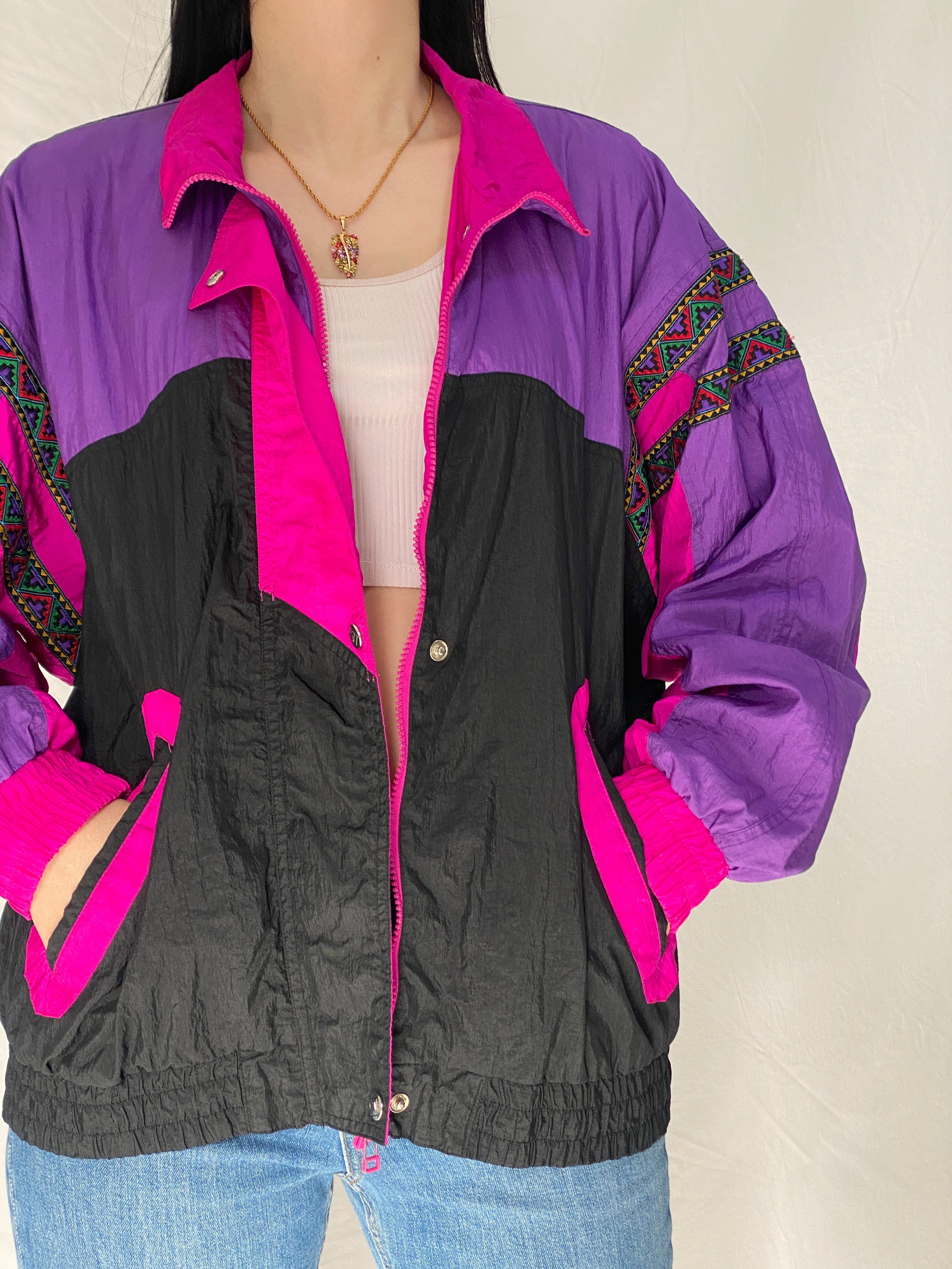 Vintage Andy Johns Colorblock Windbreaker Jacket - 90s Retro Purple Pink Black Oversized Lightweight Track Jacket - L