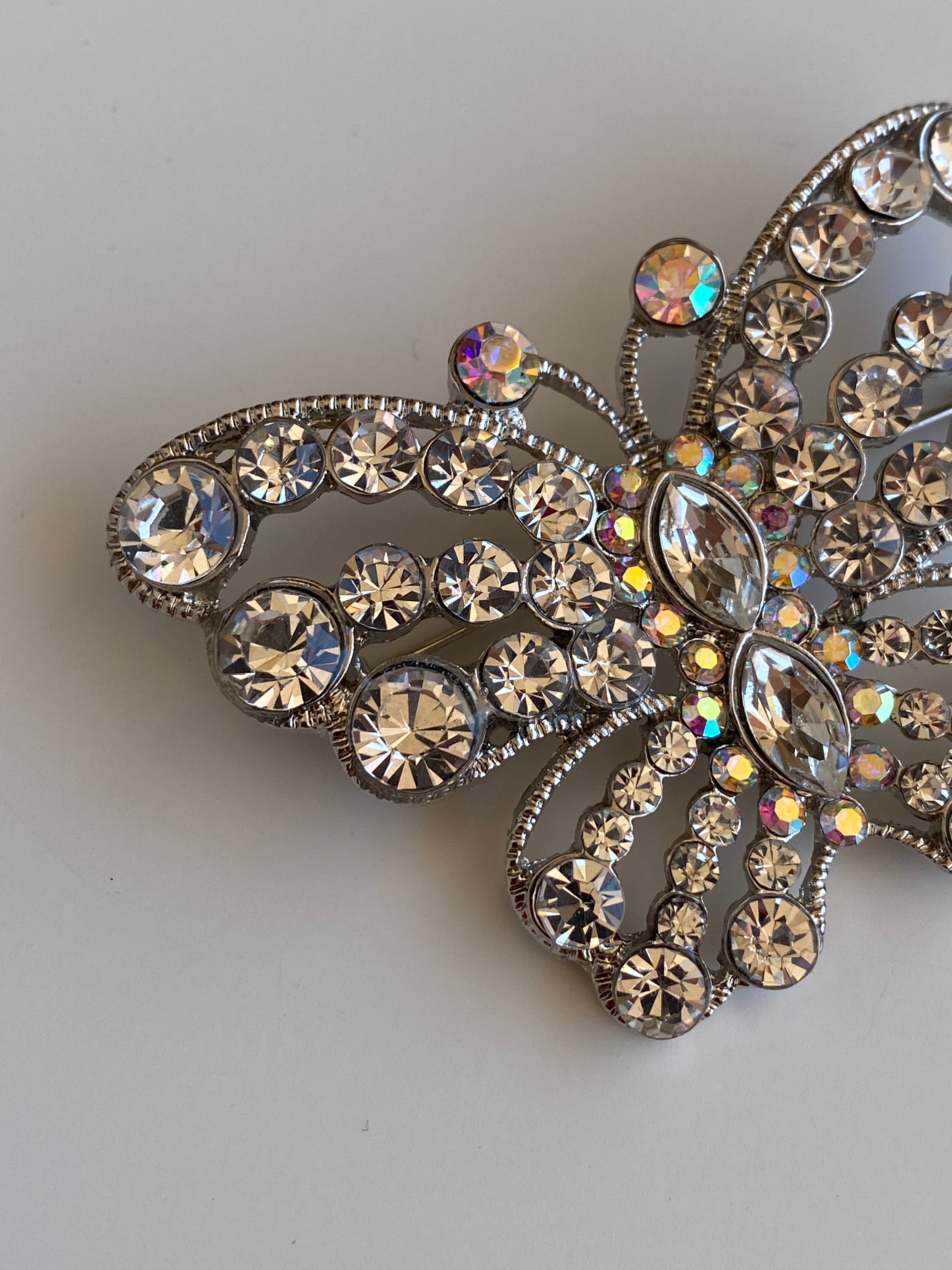 Statement Vintage Silver-Tone Clear Rhinestone Butterfly Brooch
