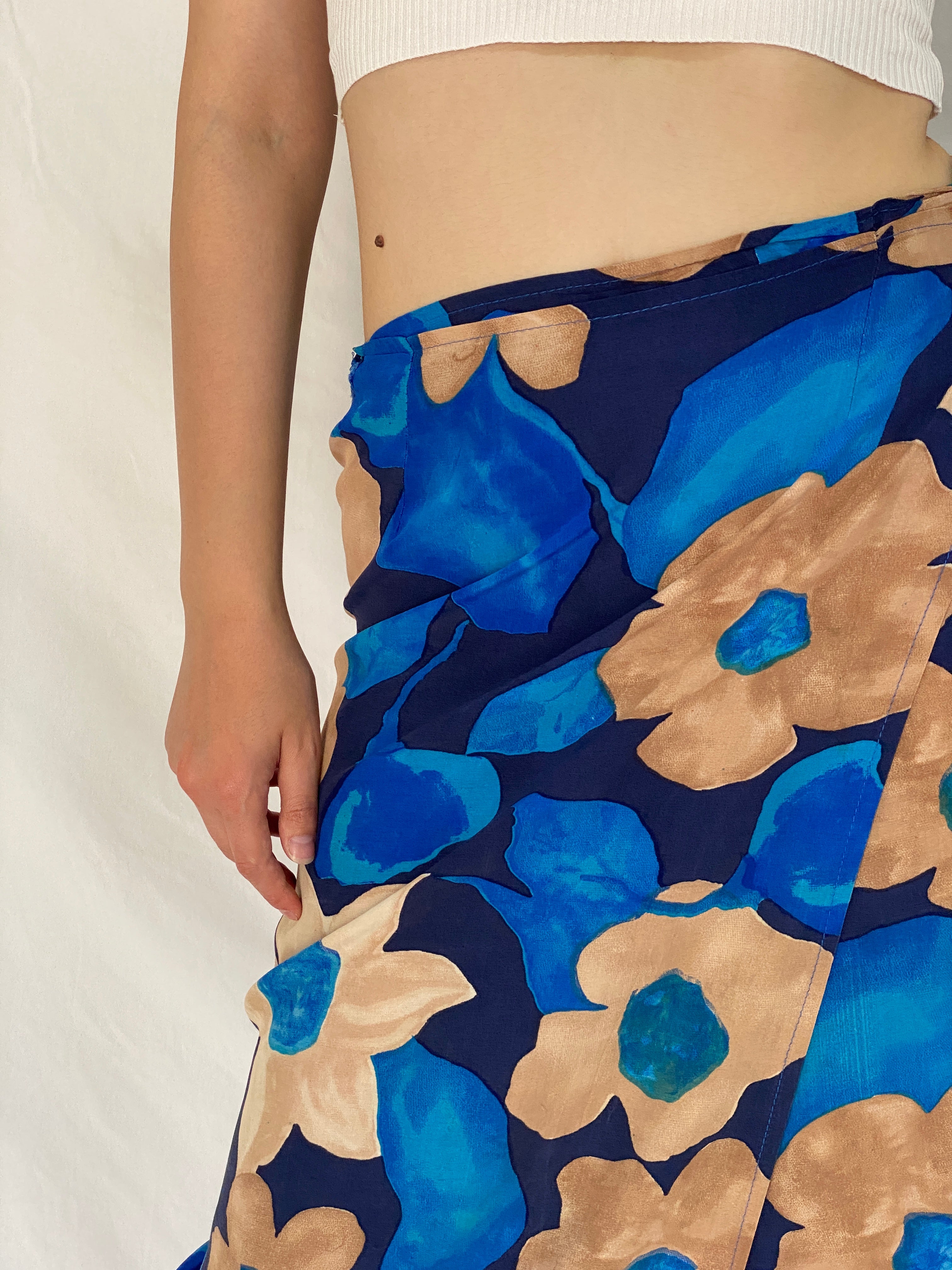 Vintage 1990s Blue & Tan Abstract Floral Wrap Midi Skirt - M