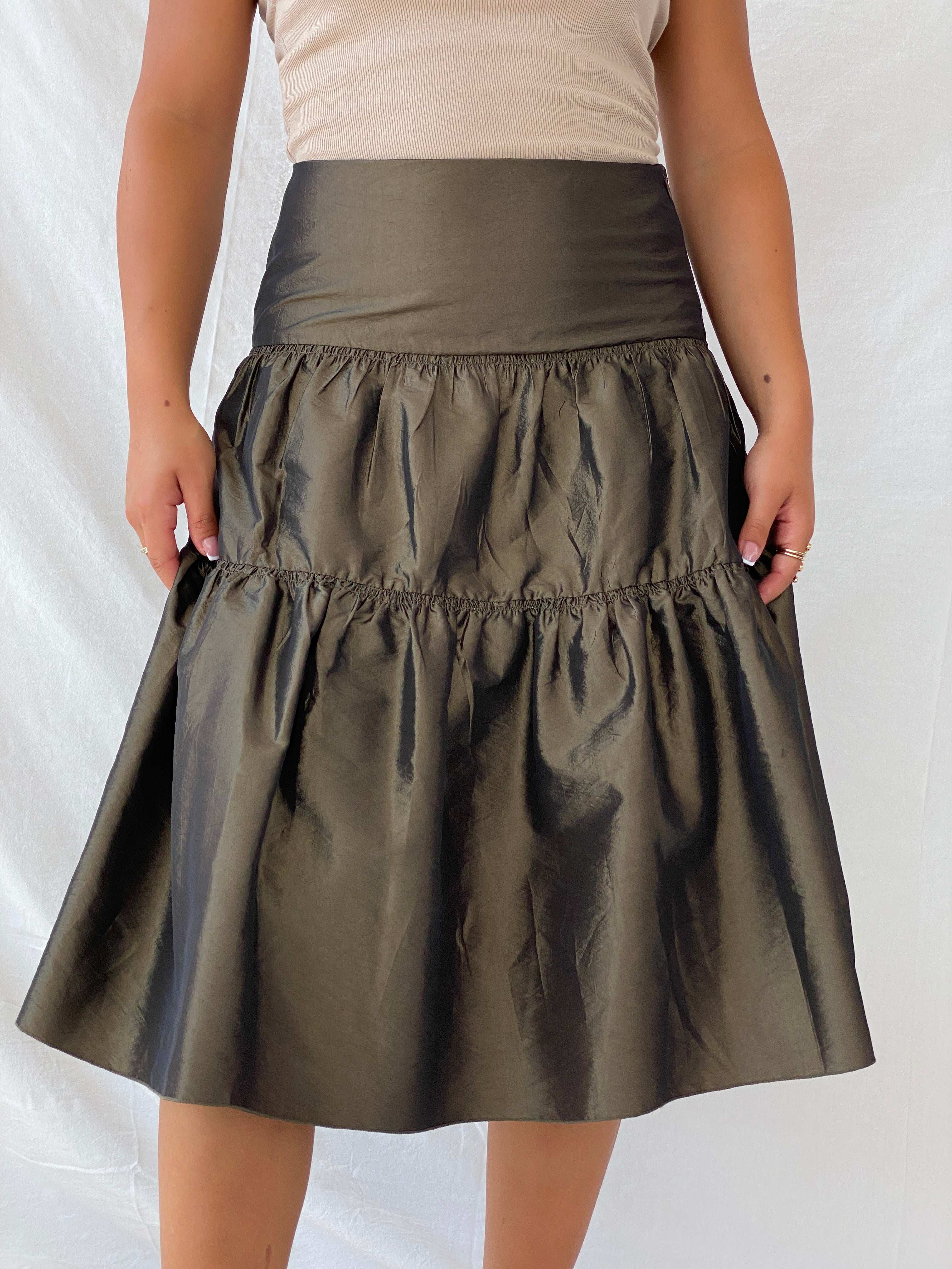 90e Morgan De Toi Metallic Olive Green Tiered Midi Skirt - M - Balagan Vintage Midi Skirt 00s, Lana, maxi skirt, metallic shirt, NEW IN, summer