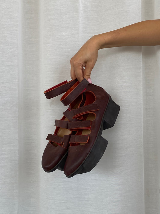 Trippen Burgundy Leather Platform Strappy Sandals – Handmade in Germany – Women’s Size 39EU