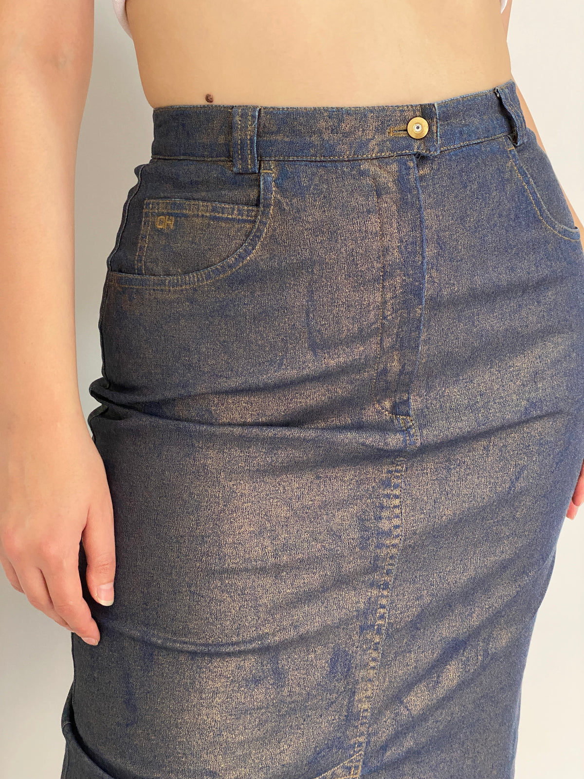 Y2K Catherina Hepher Metallic Gold Blue Denim Pencil Skirt – S