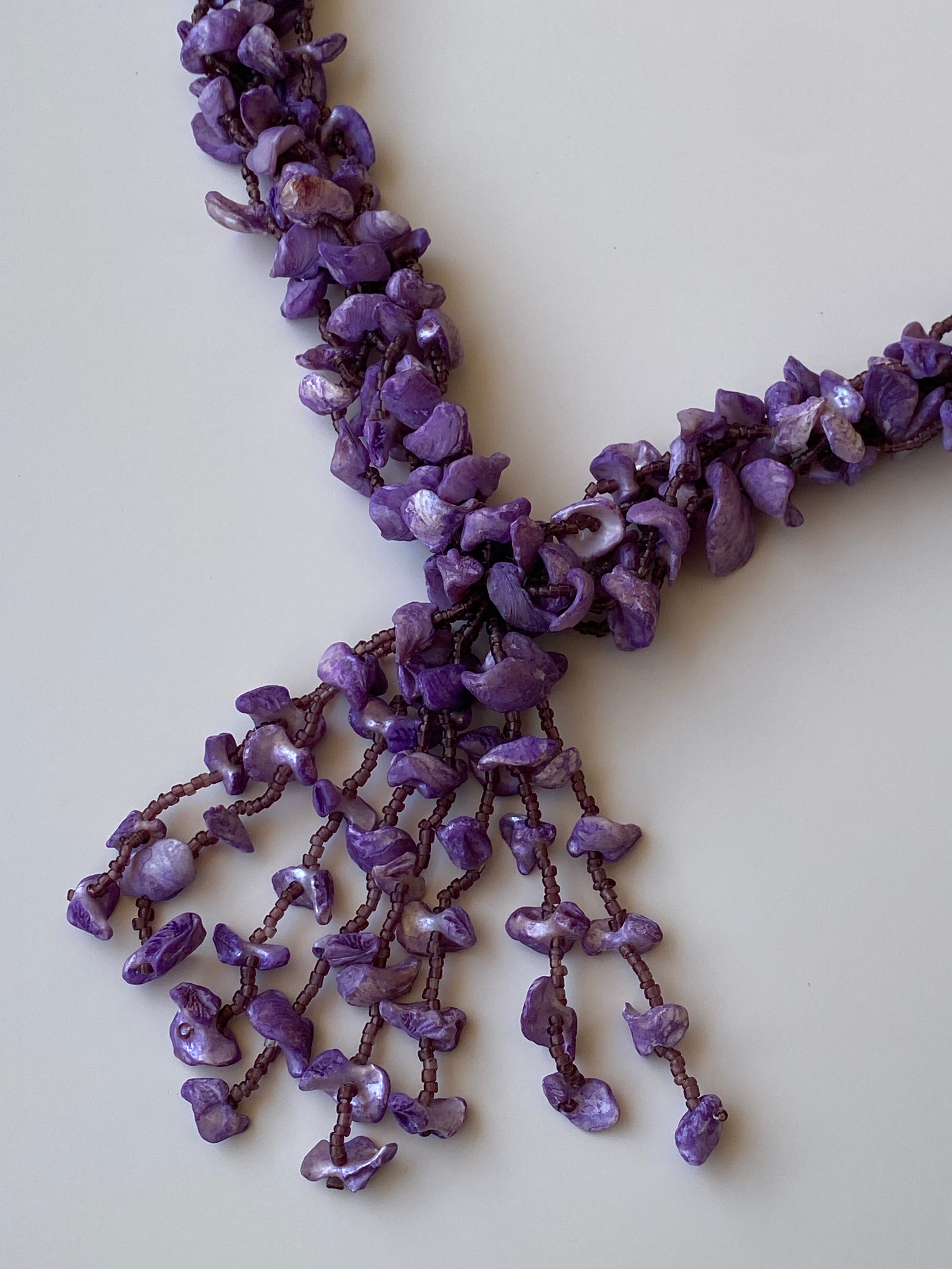 Vintage Purple Chip Stone & Seed Bead Braided Tassel Fringe Necklace