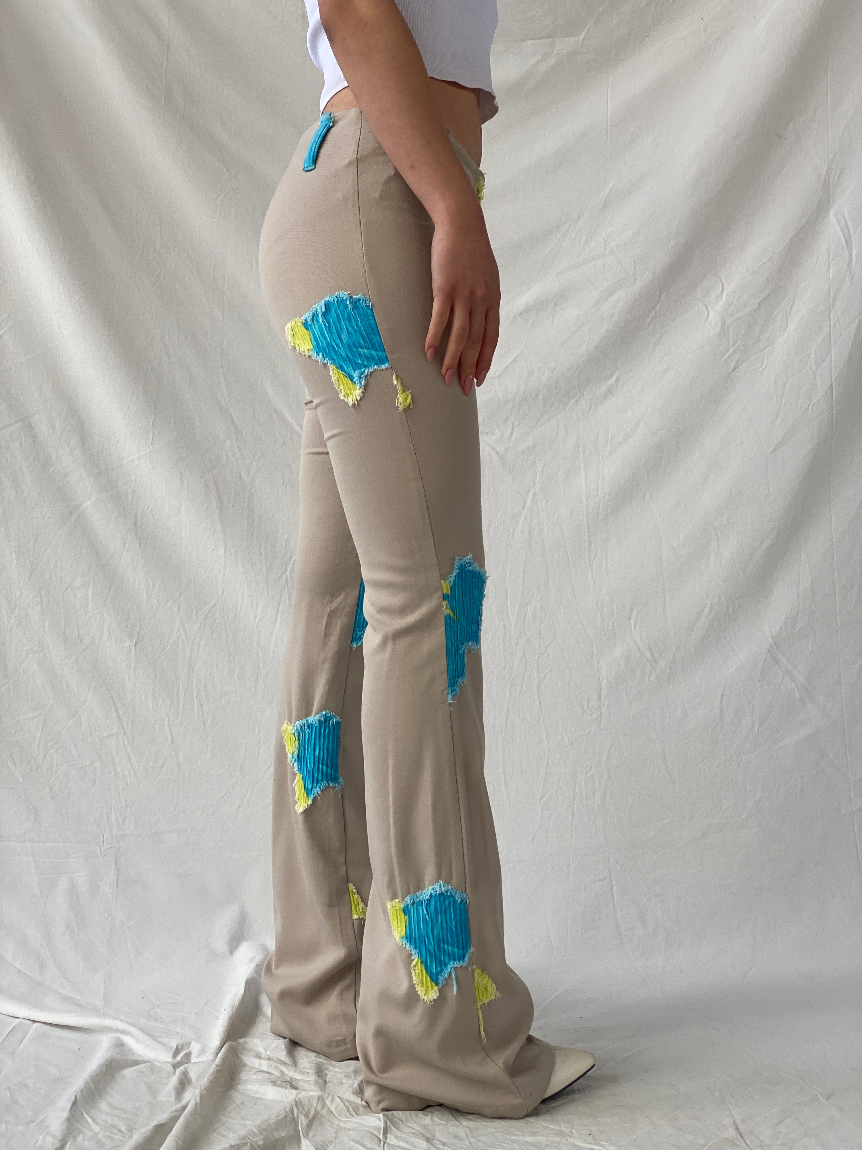 Free Style Beige Flared Blue and Yellow Patchwork Pants - XS