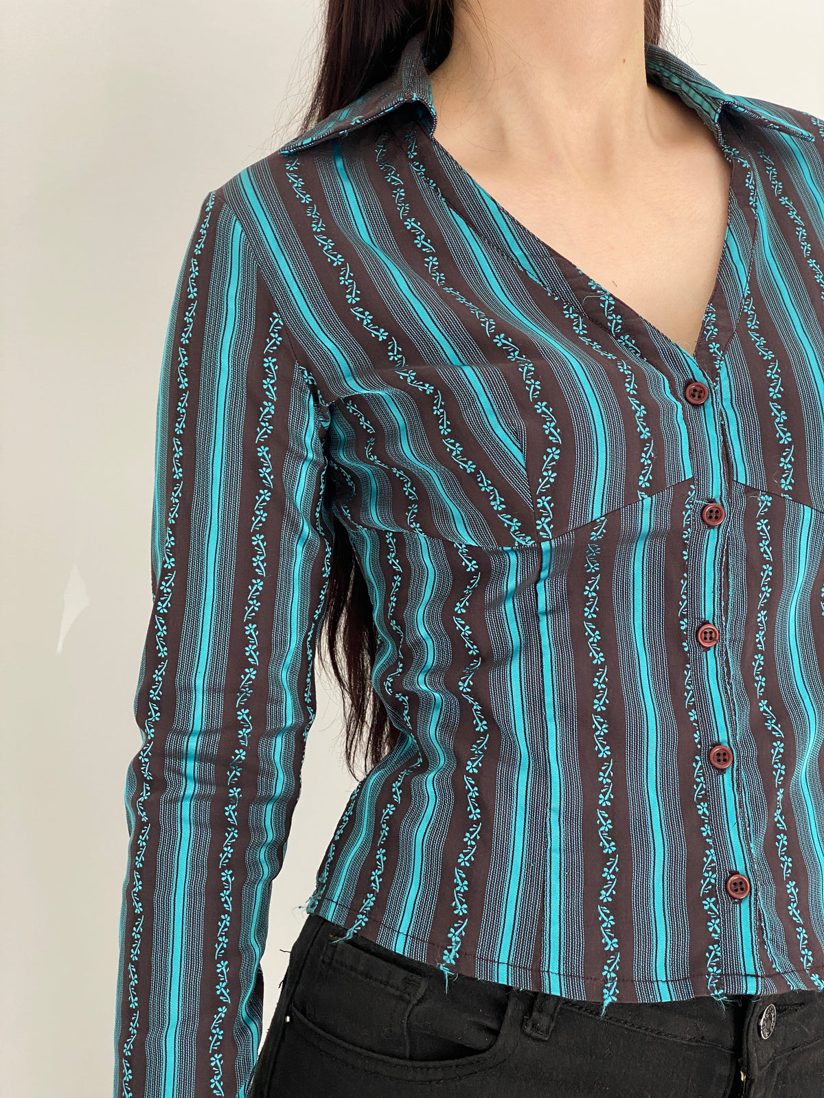 Vintage Y2K Style Turquoise & Brown Striped Fitted Button-Up Shirt - M