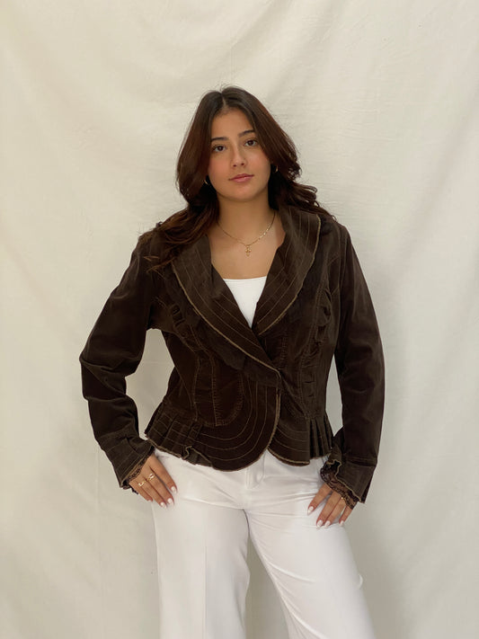 Vintage Tence Brown Blazer Ruffle Trim & Lace Cuff Victorian Style Jacket - L