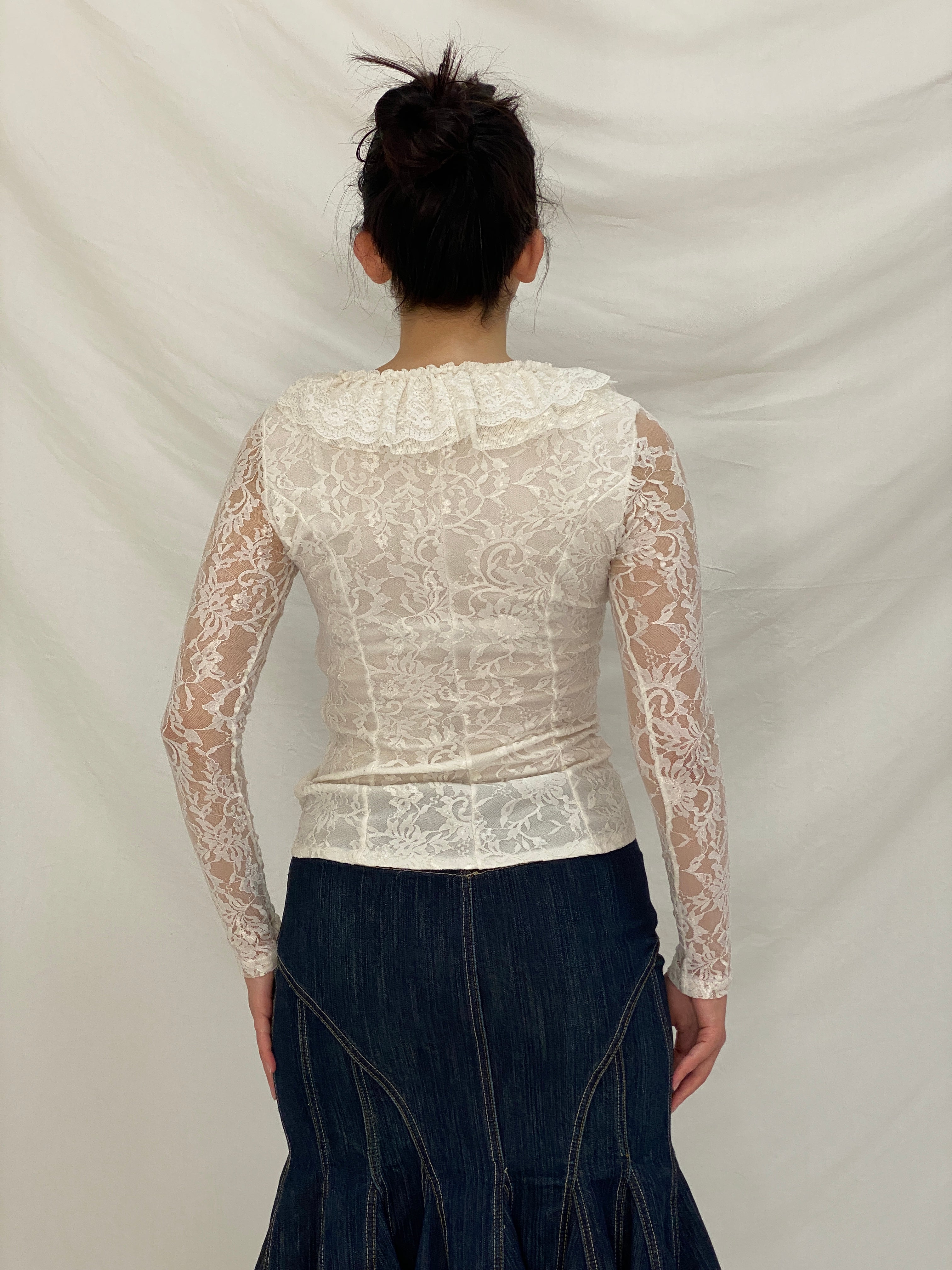 Vintage Favori Ivory Lace Ruffle Top Sheer Romantic Coquette Y2K Blouse - S
