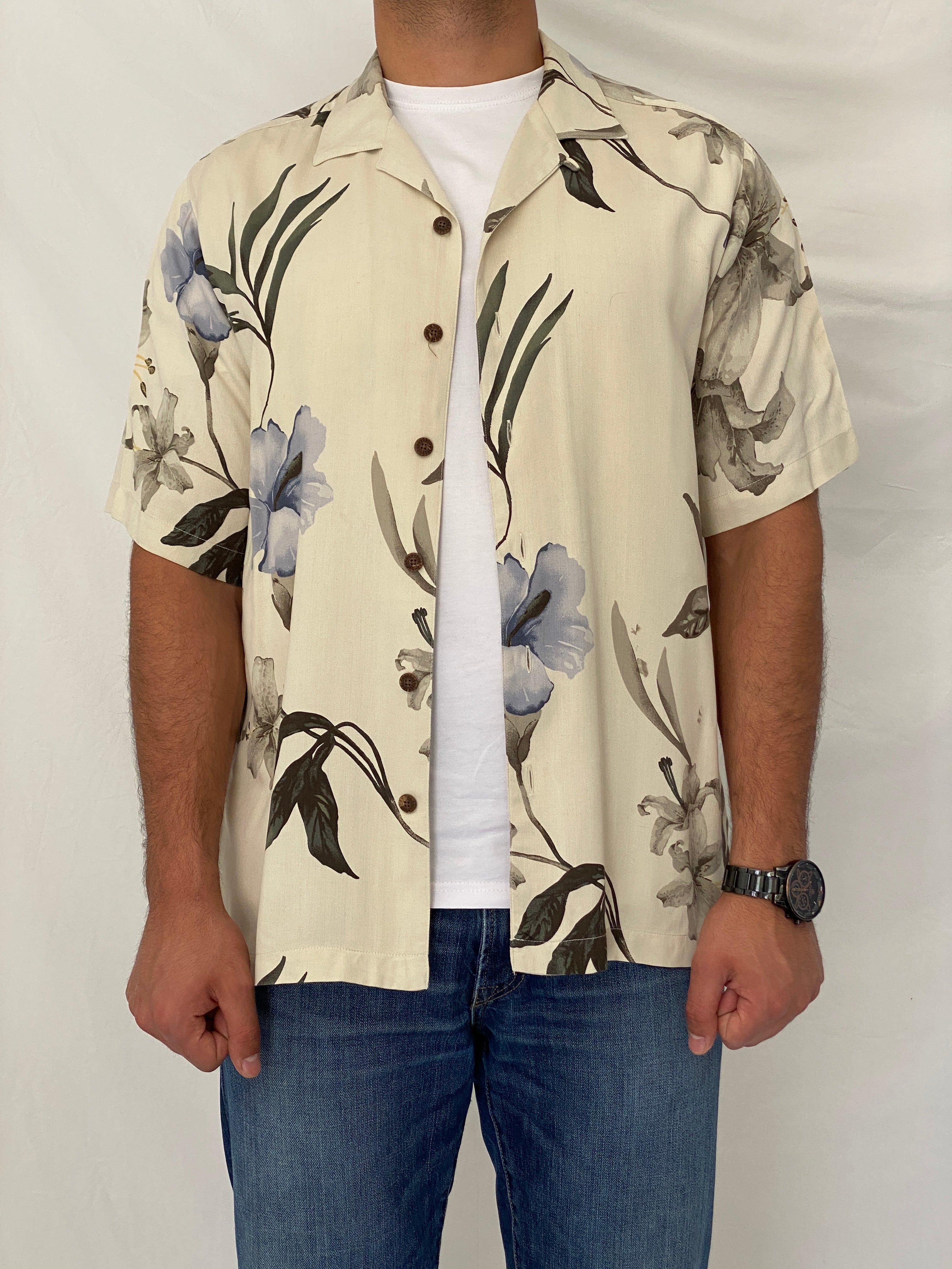 Vintage Caribbean Joe Cream Floral 100% Silk Camp Tropical Shirt - M