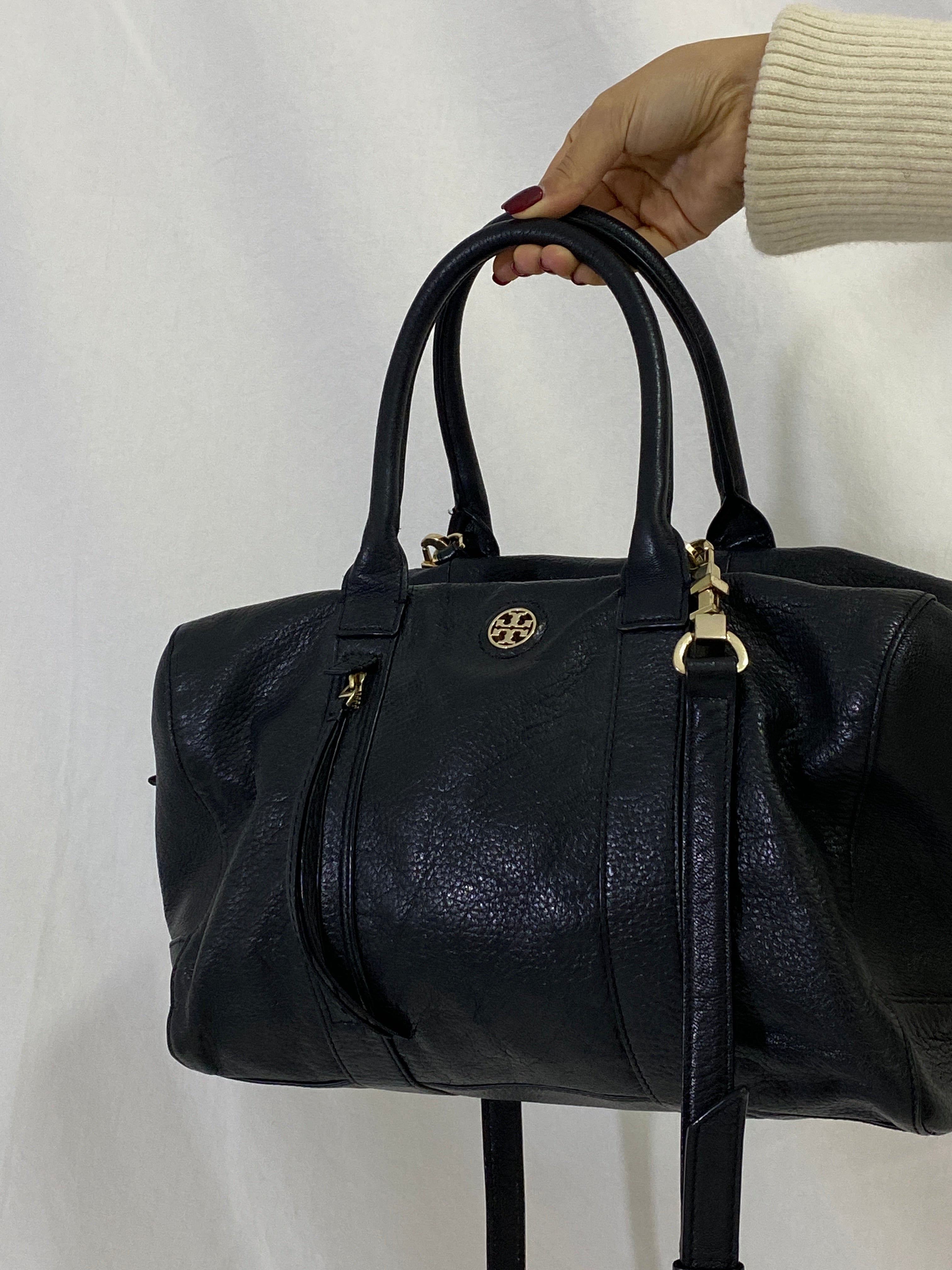 Tory Burch Marion Black Pebbled Leather Satchel Bowler Bag with Gold Hardware