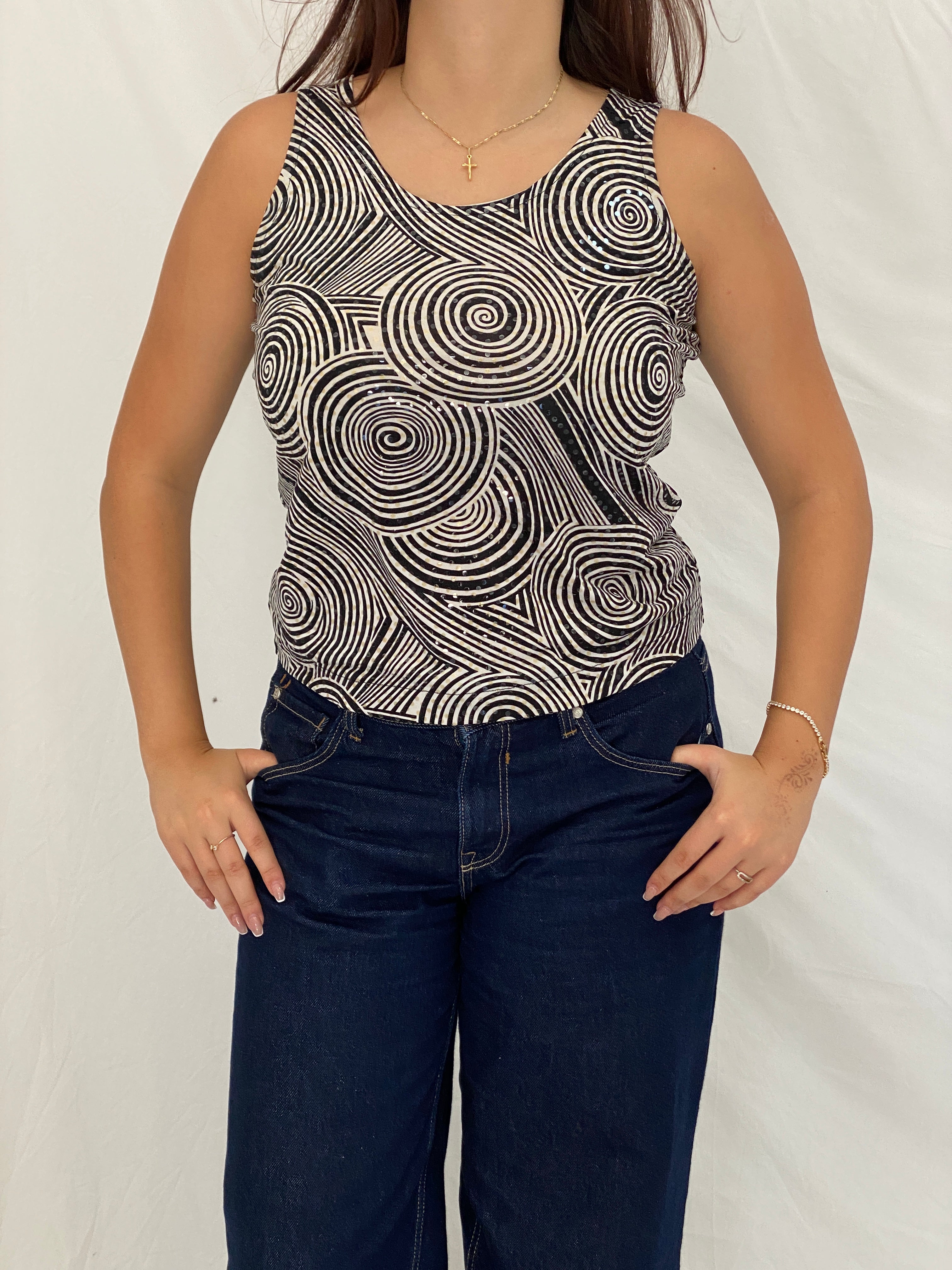 Vintage Y2K Fashion Bug Black & White Swirl Shimmer Sleeveless Top – M