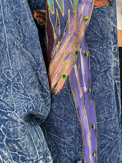 Vintage Christie California Hand Painted Denim Duster 80s Acid Wash Kimono Coat - 2XL