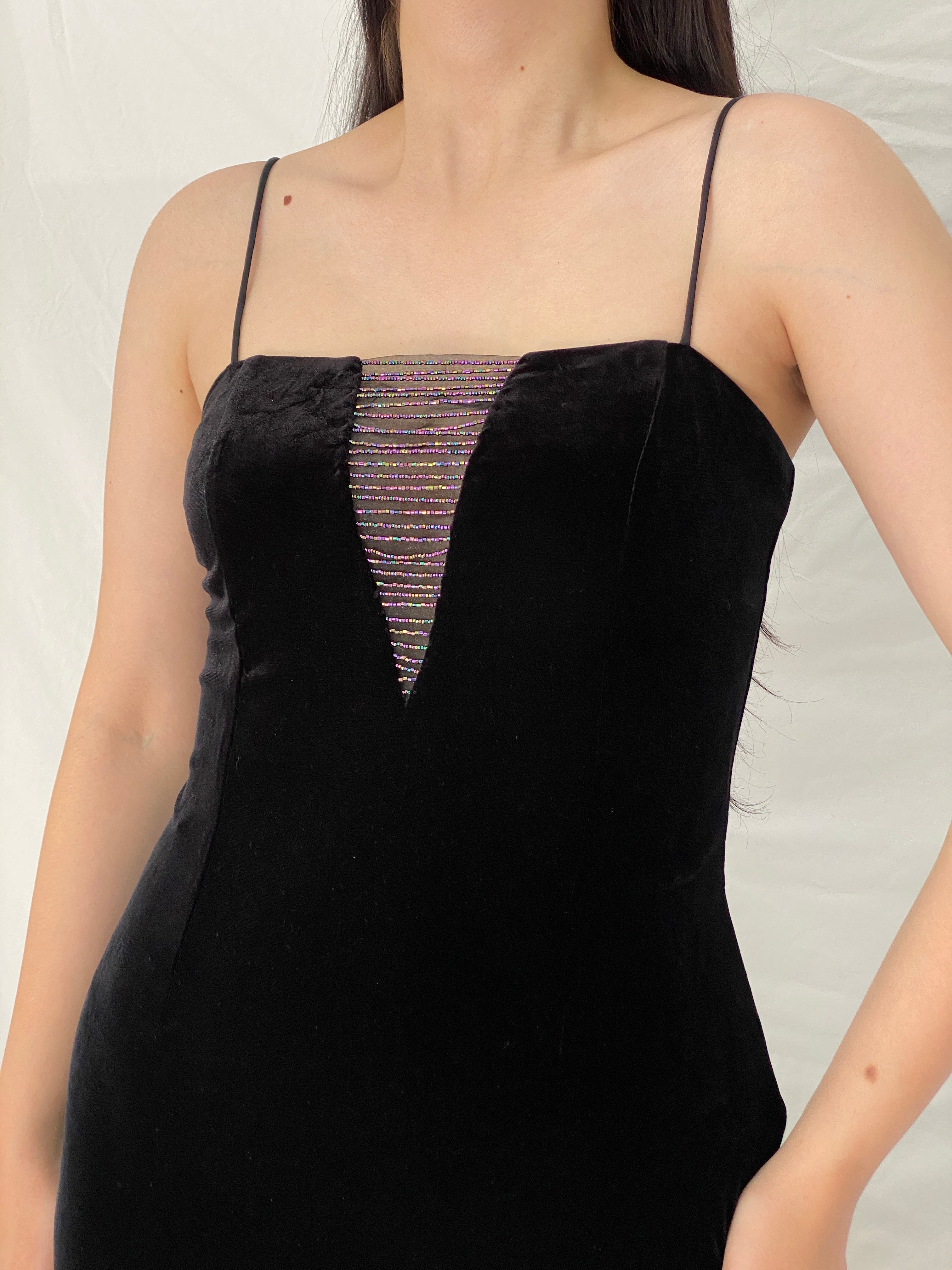 Vintage Betsey & Adam by Jaslene Black Velvet Beaded Illusion Evening Gown – S