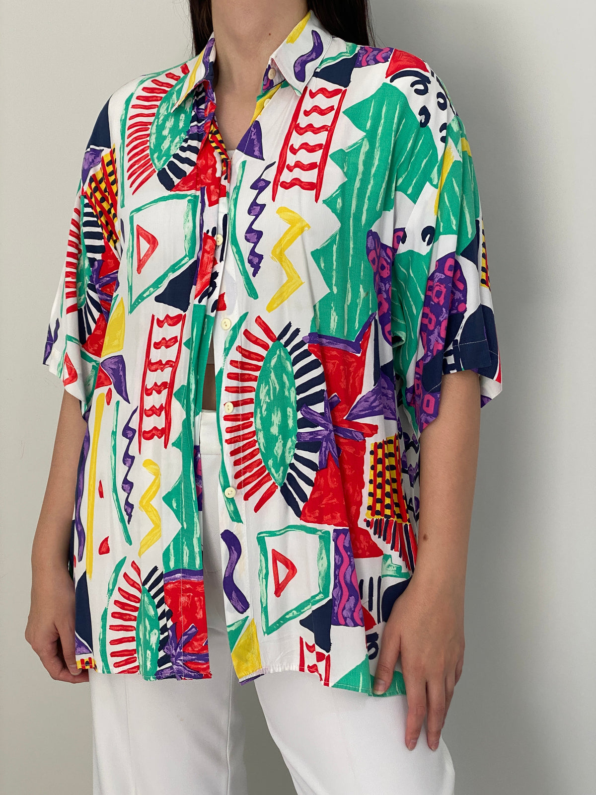 Vintage 90s Canda White Multicolor Abstract Art Print Oversized Shirt – XL