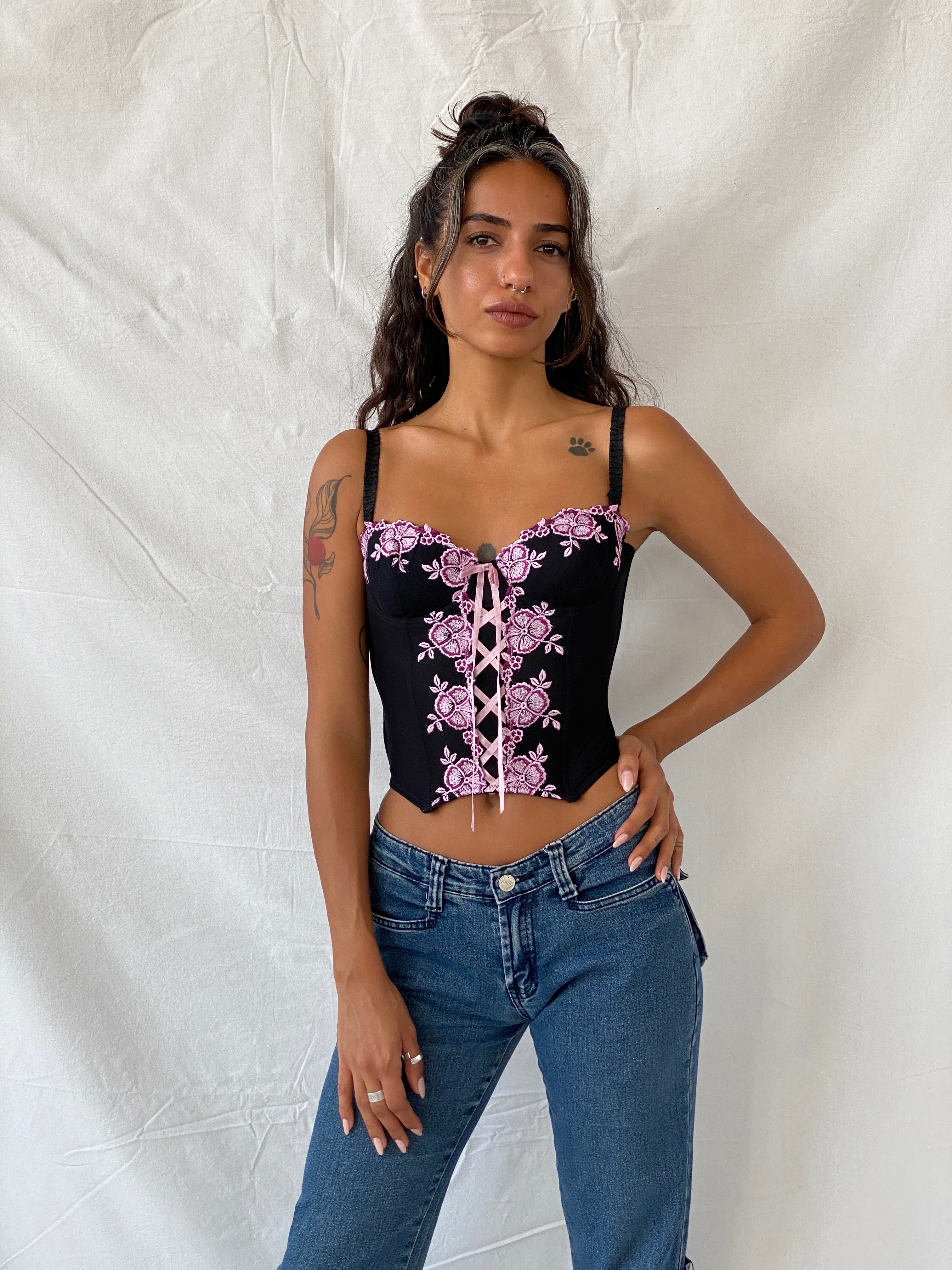 Vintage Black and Pink Floral Embroidered Corset - XS