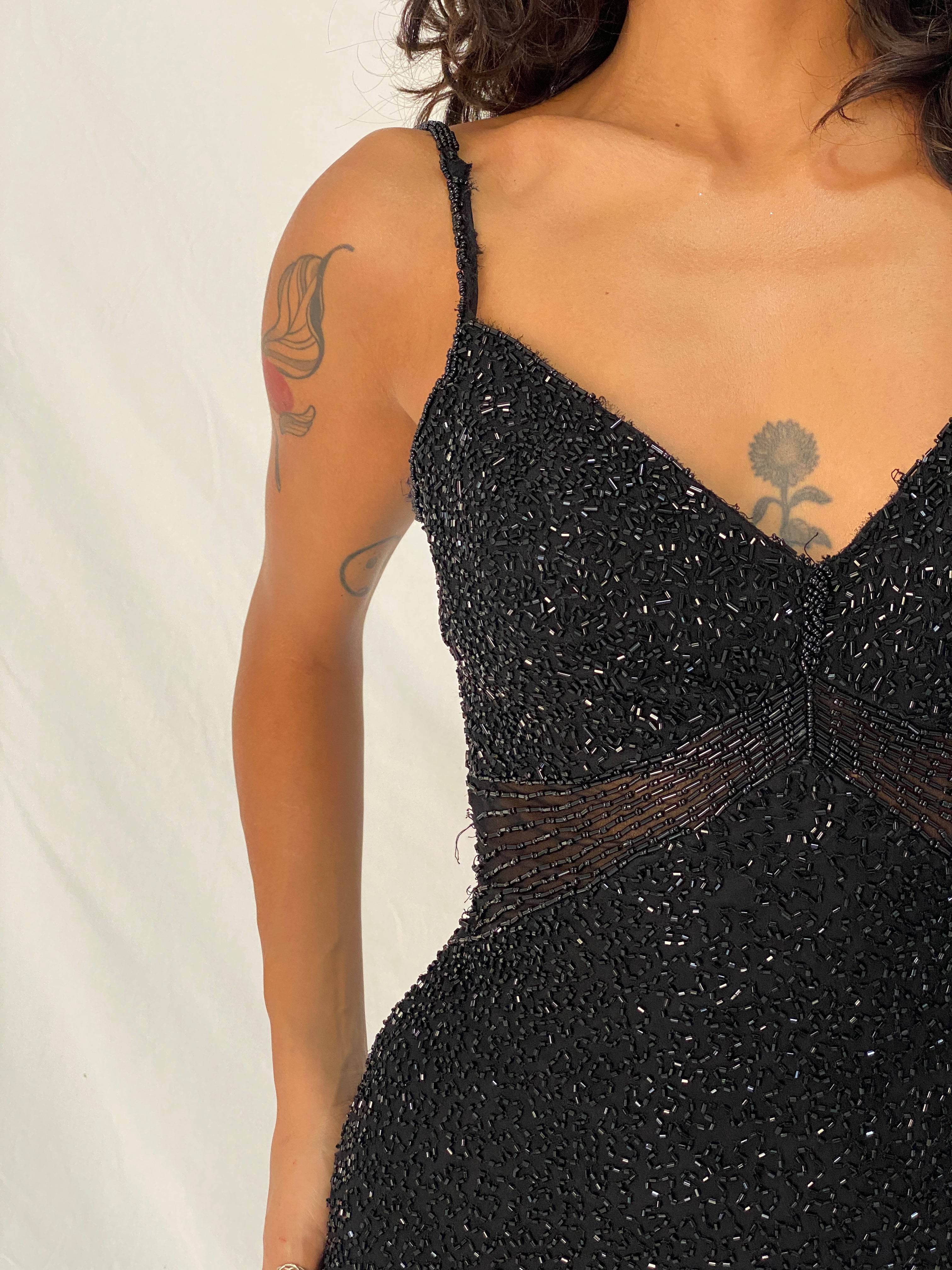 Vintage Y2K Scala Black 100% Silk Beaded Sheer Waist Evening Midi Dress - S