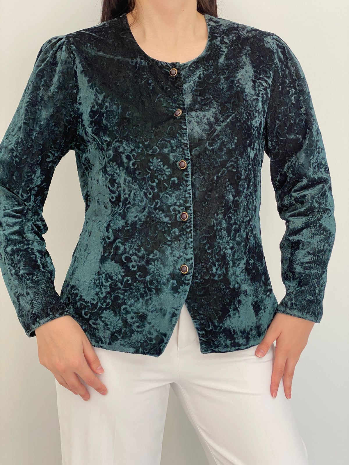 Vintage 90s Your Sixth Sense Teal Floral Crushed Velvet Button Blazer – L